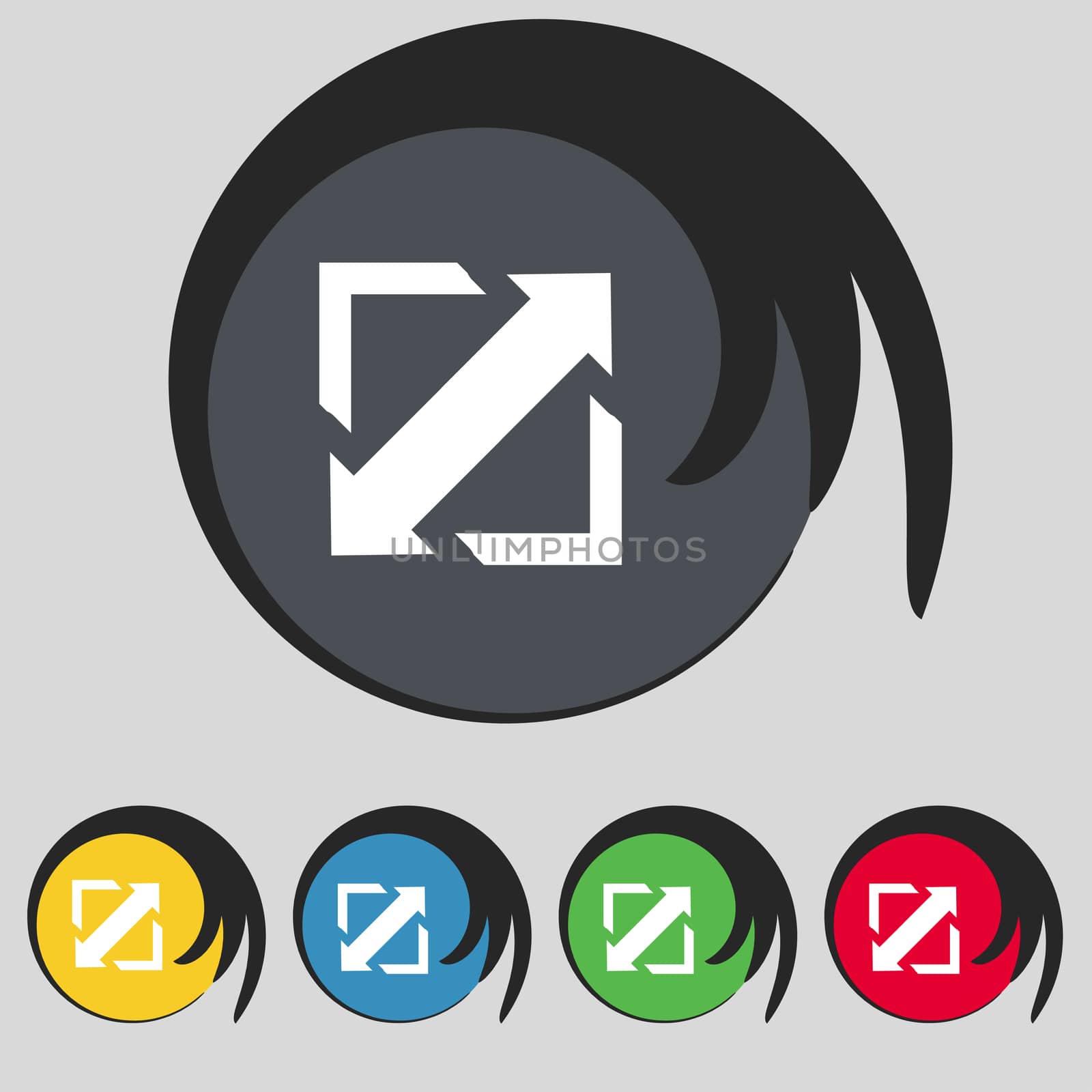 Deploying video, screen size icon sign. Symbol on five colored buttons.  by serhii_lohvyniuk