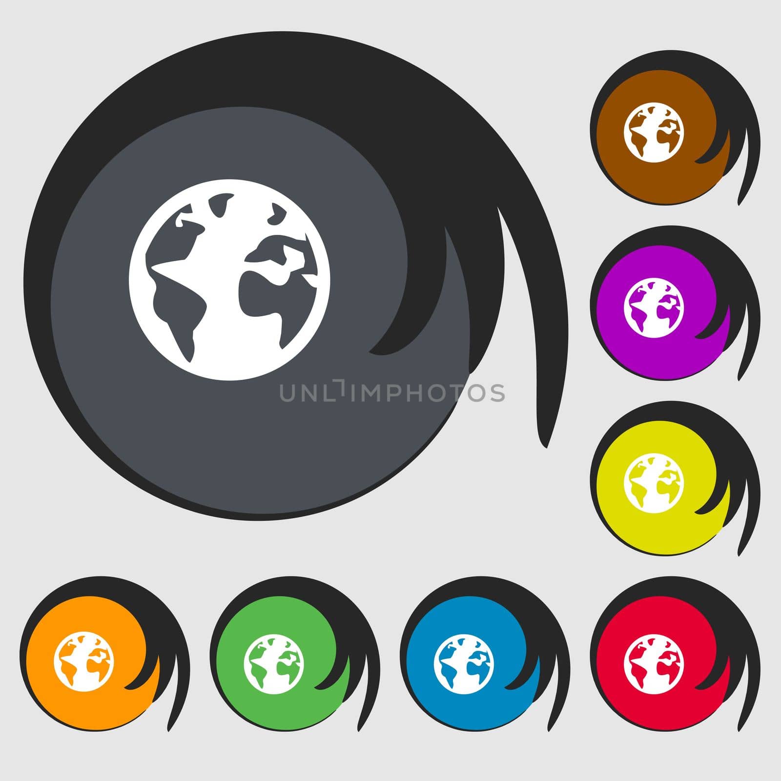 Globe sign icon. World map geography symbol. Globes on stand for studying. Symbols on eight colored buttons.  by serhii_lohvyniuk