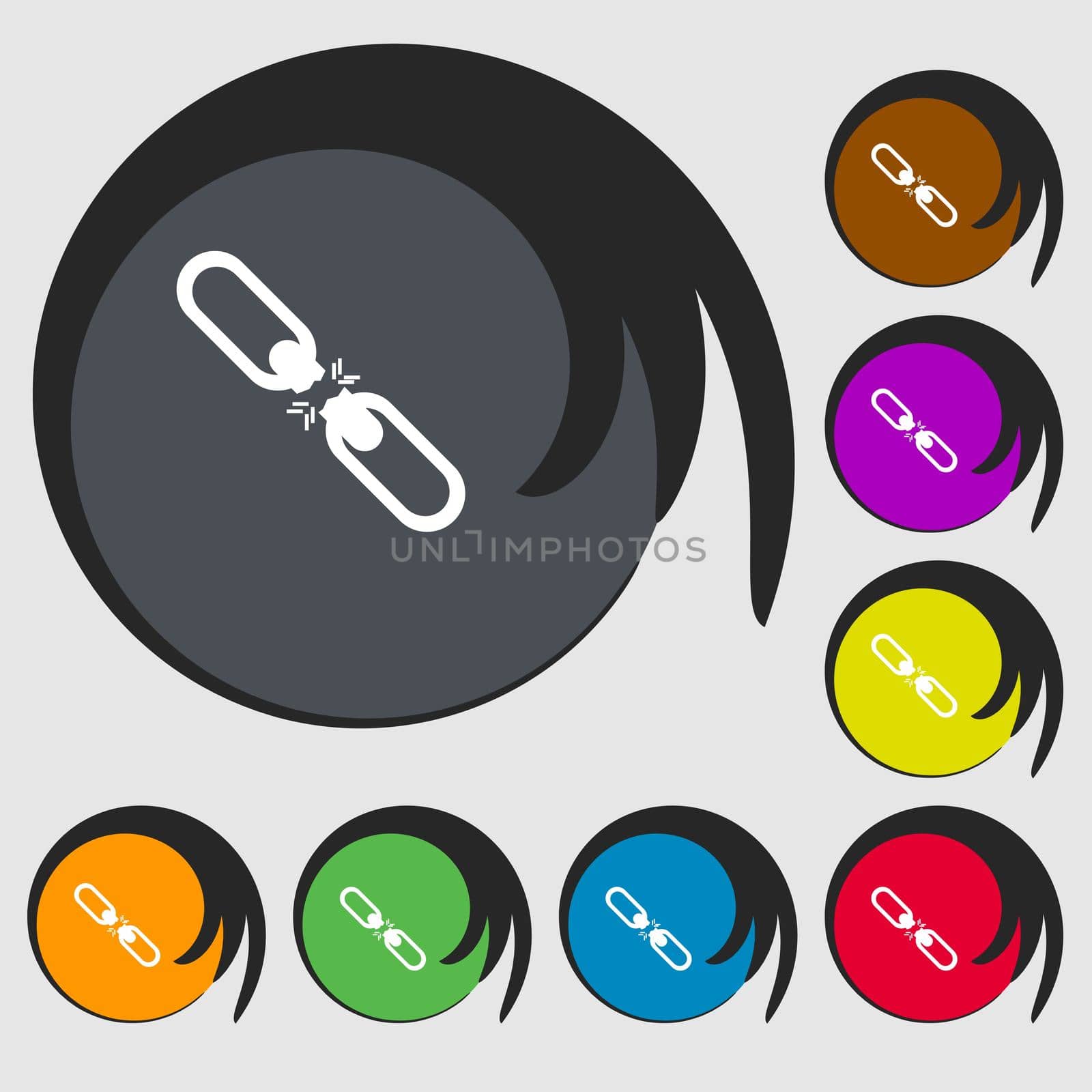 Broken connection flat single icon. Symbols on eight colored buttons. illustration