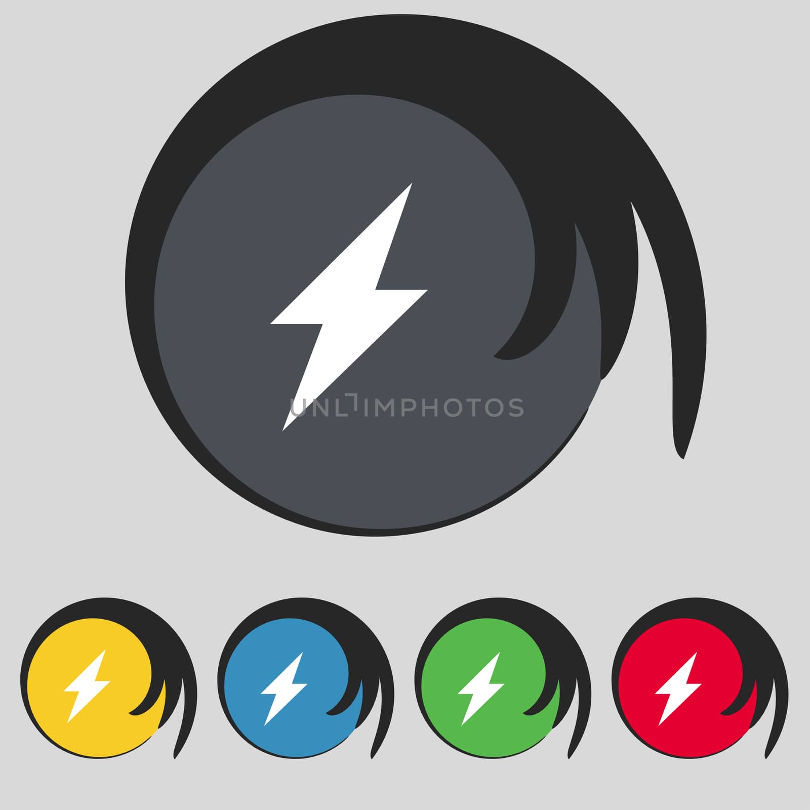 Photo flash icon sign. Symbol on five colored buttons.  by serhii_lohvyniuk