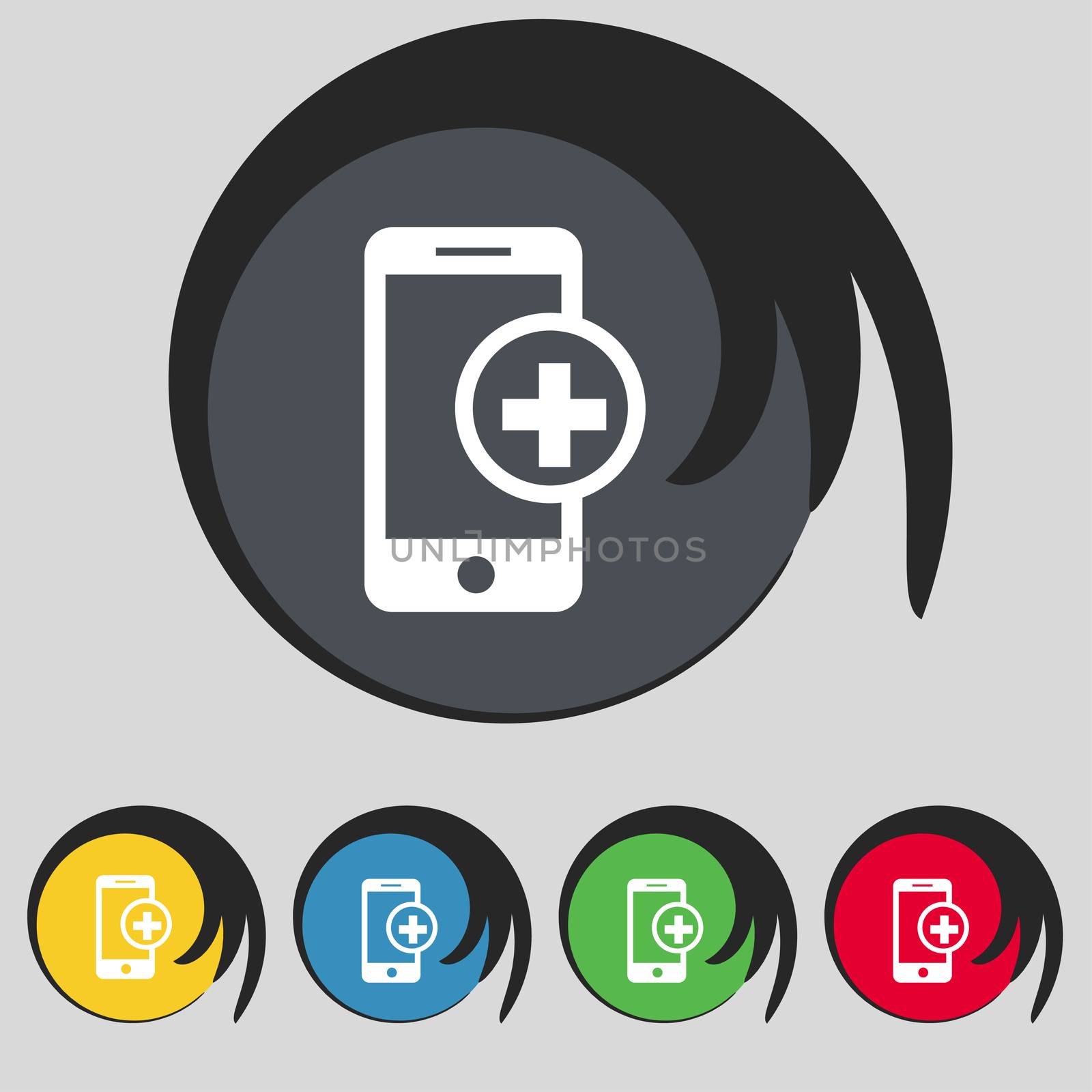 Mobile devices sign icon. mobile with symbol plus. Map pointers information buttons Speech bubbles with icons. illustration