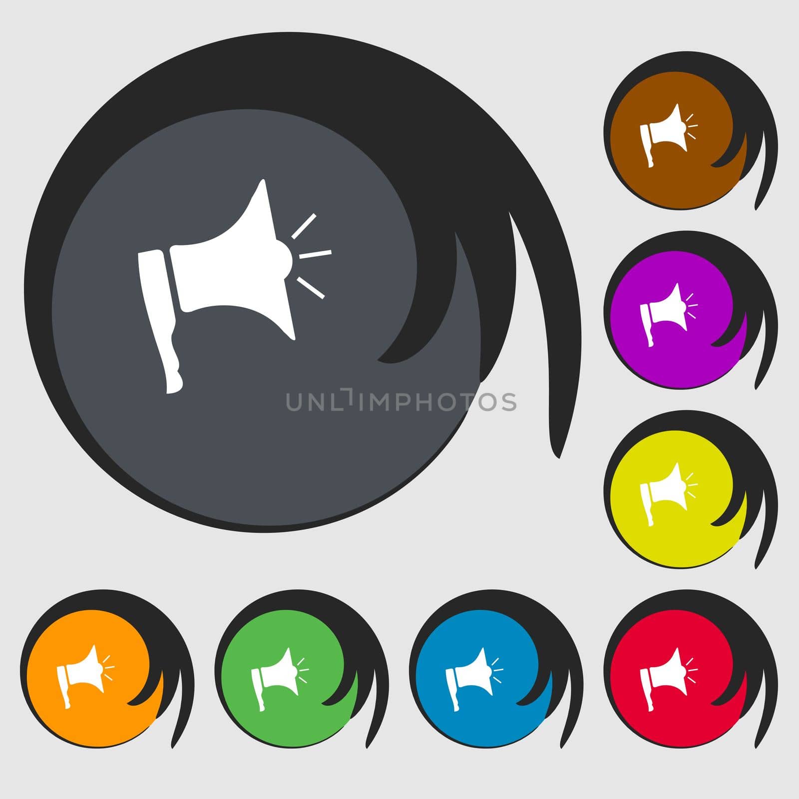 Megaphone soon icon. Loudspeaker symbol. Symbols on eight colored buttons.  by serhii_lohvyniuk