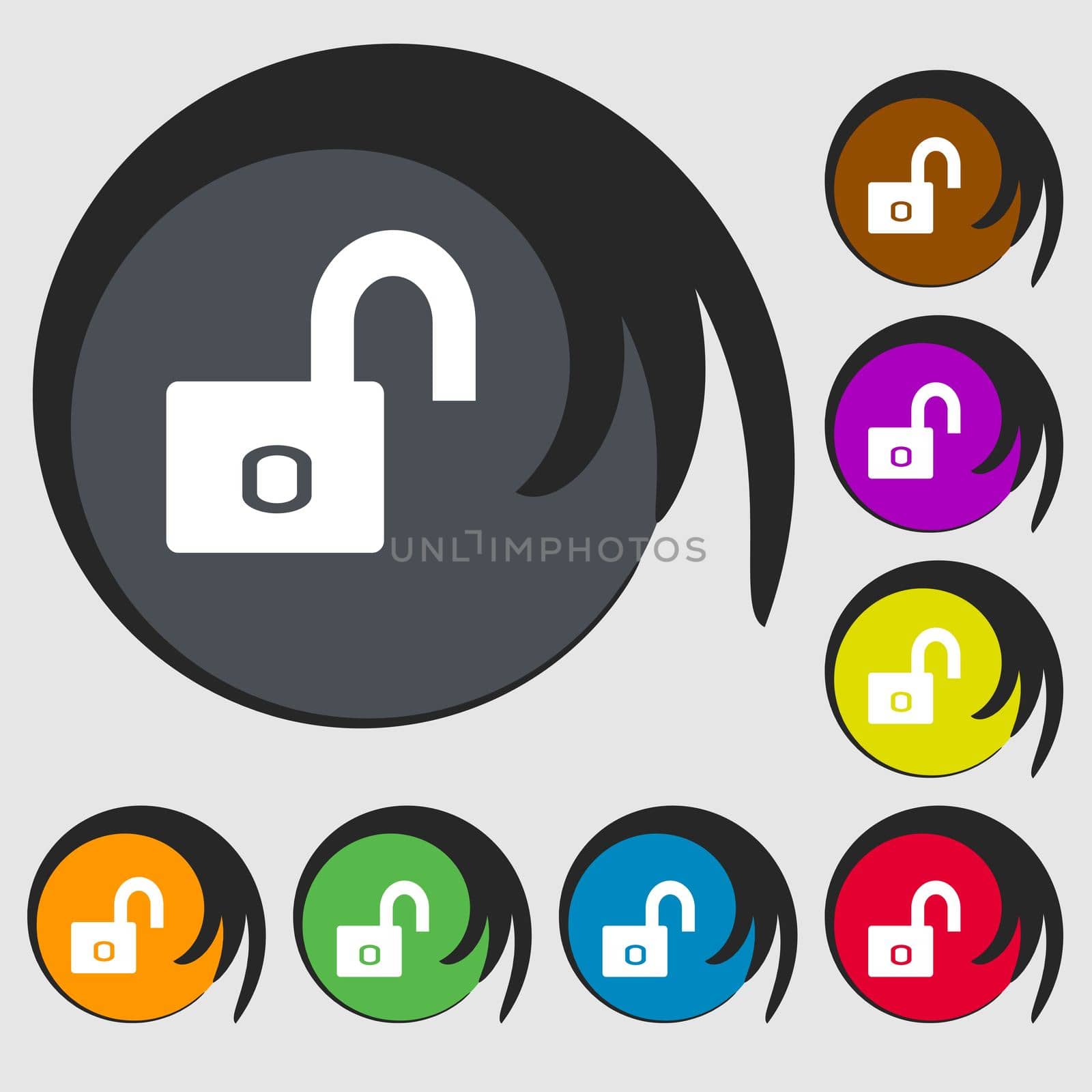 Lock sign icon. Locker symbol. Symbols on eight colored buttons.  by serhii_lohvyniuk