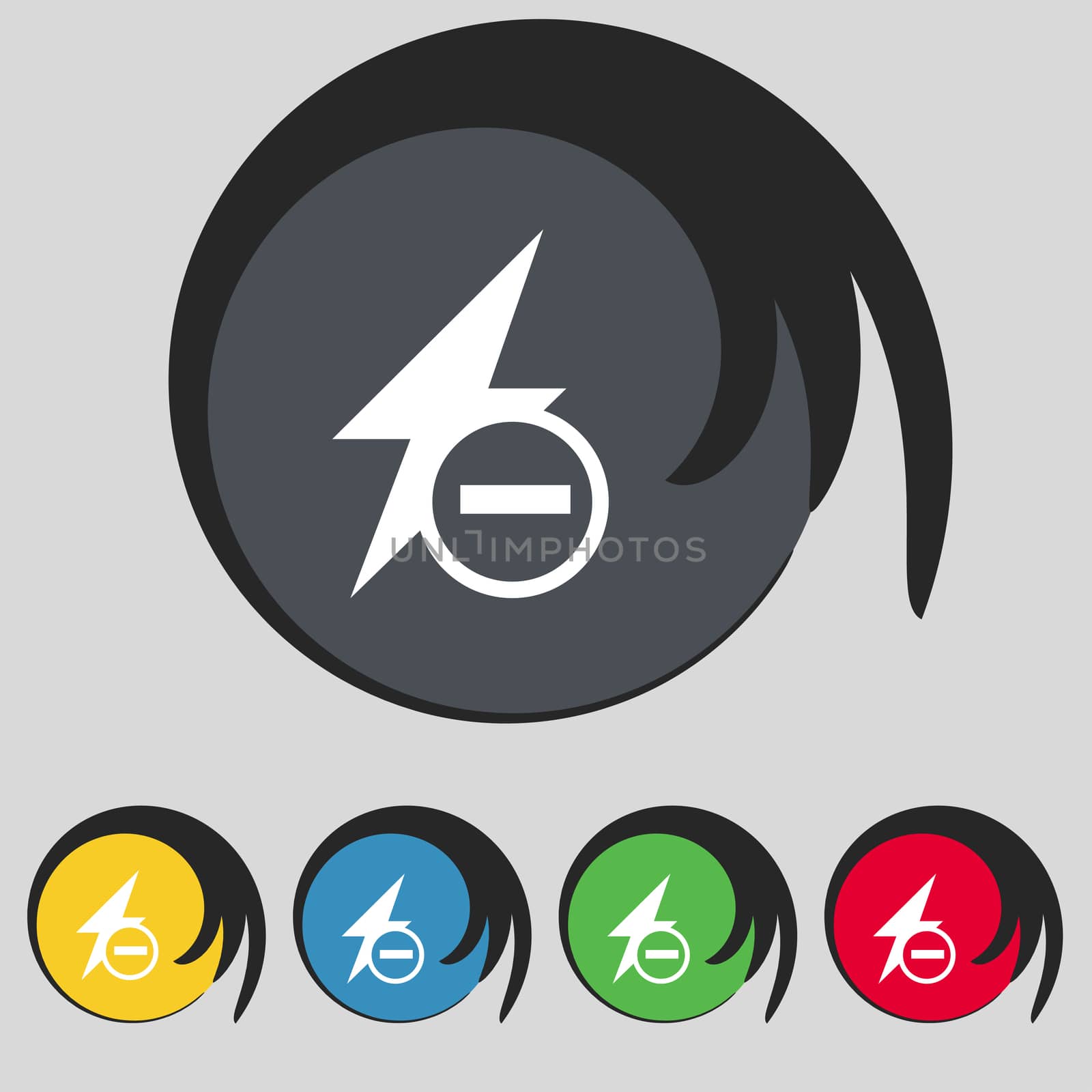 Photo flash icon sign. Symbol on five colored buttons. illustration