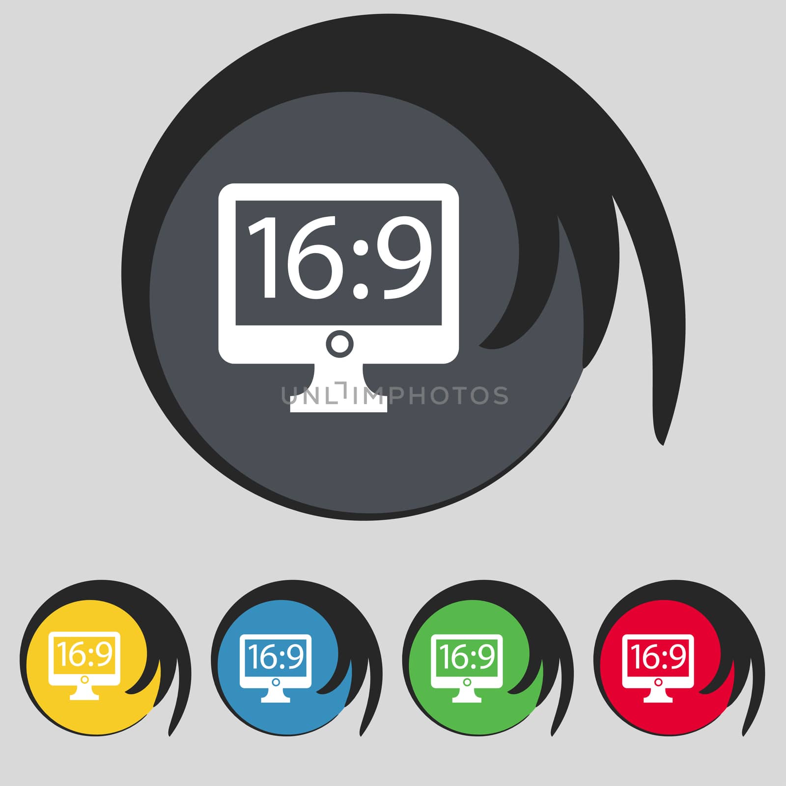 Aspect ratio 16:9 widescreen tv icon sign. Symbol on five colored buttons. illustration