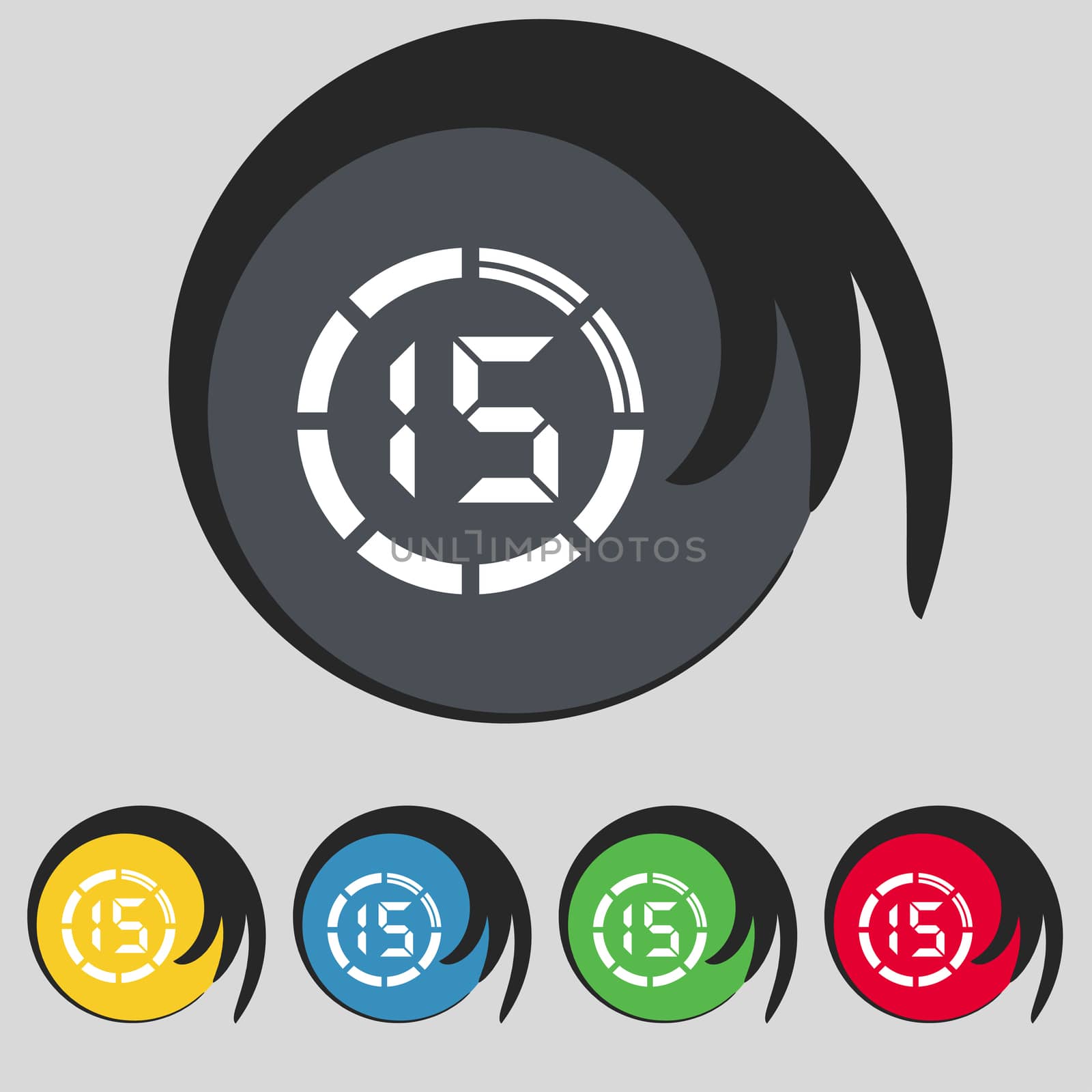 15 second stopwatch icon sign. Symbol on five colored buttons. illustration