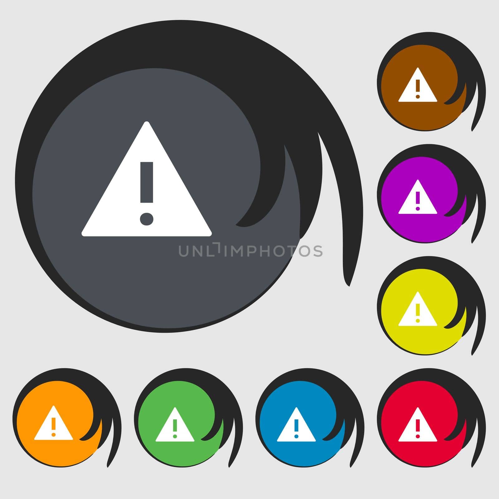 Attention sign icon. Exclamation mark. Hazard warning symbol. Symbols on eight colored buttons. illustration
