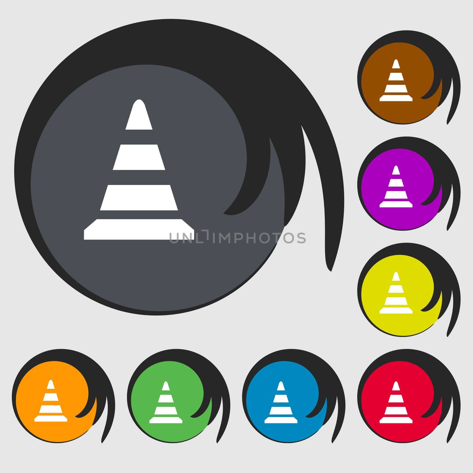 road cone icon. Symbols on eight colored buttons. illustration