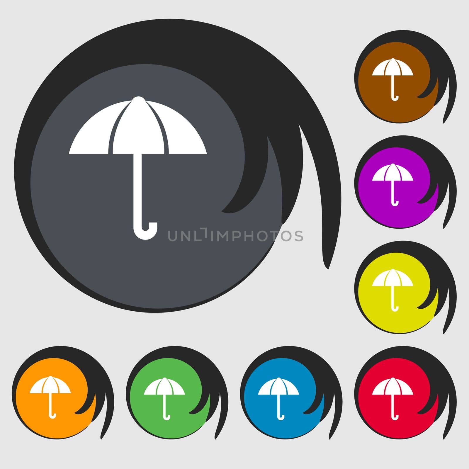 Umbrella sign icon. Rain protection symbol. Symbols on eight colored buttons. illustration
