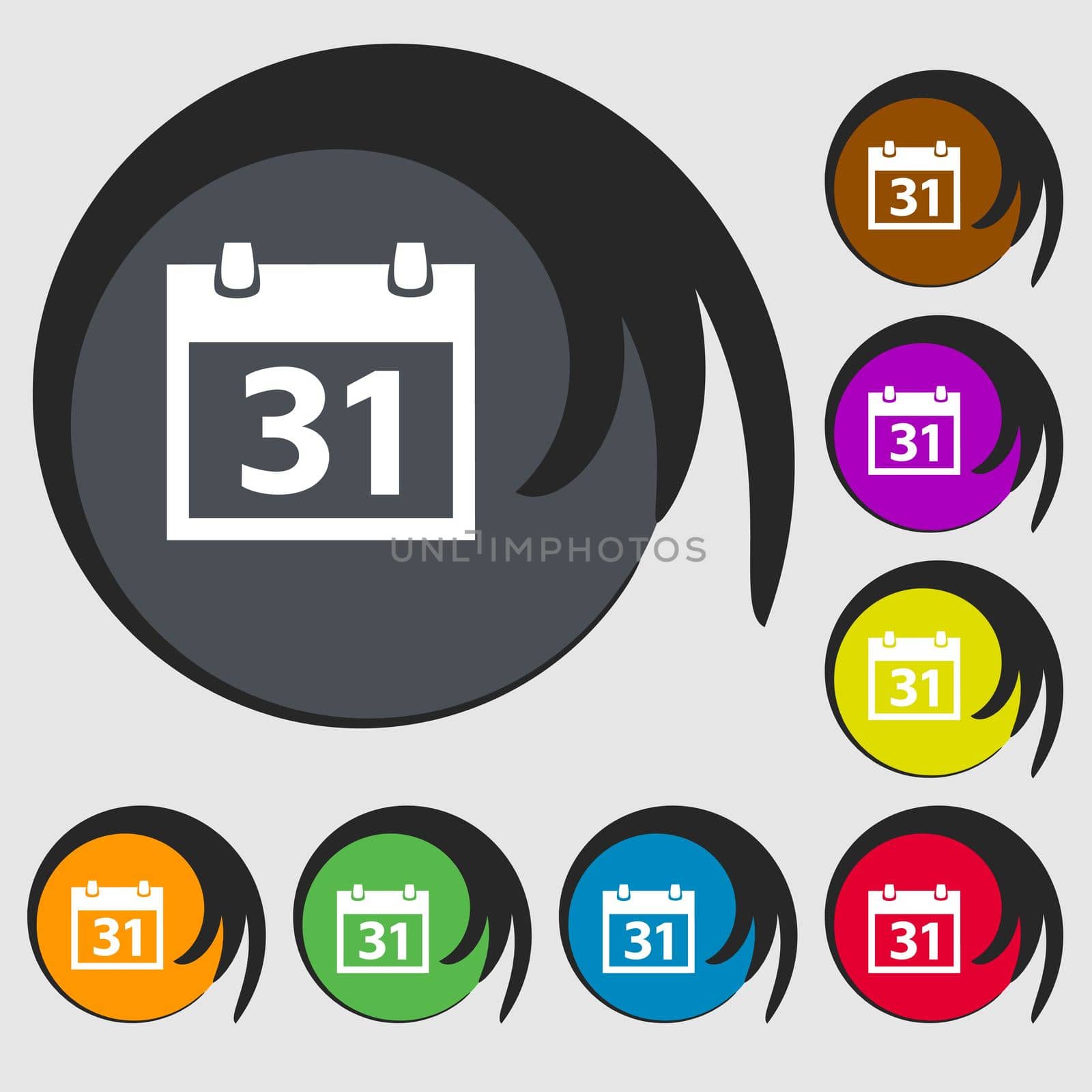 Calendar sign icon. 31 day month symbol. Date button. Symbols on eight colored buttons. illustration