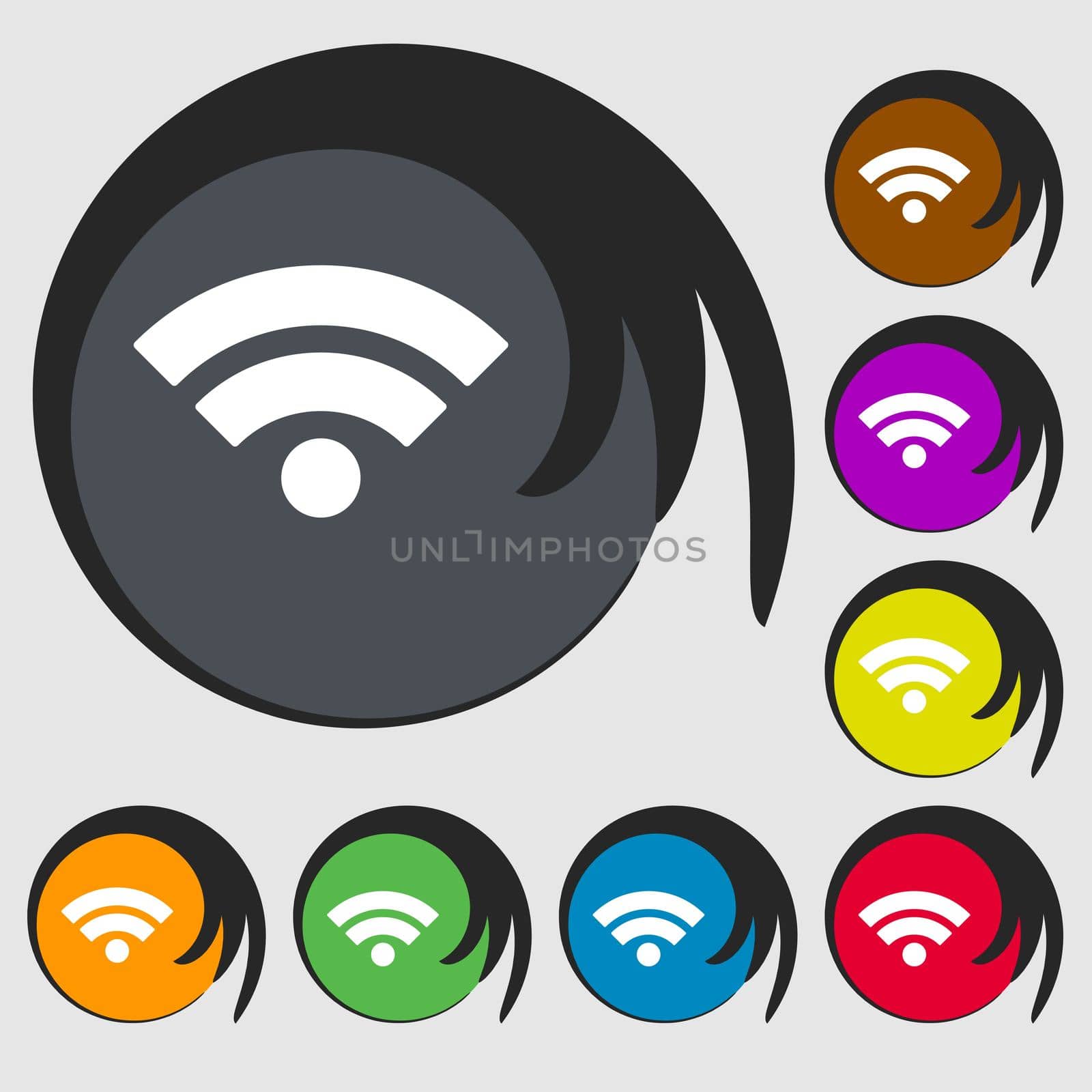 Wifi sign. Wi-fi symbol. Wireless Network icon. Wifi zone. Symbols on eight colored buttons. illustration