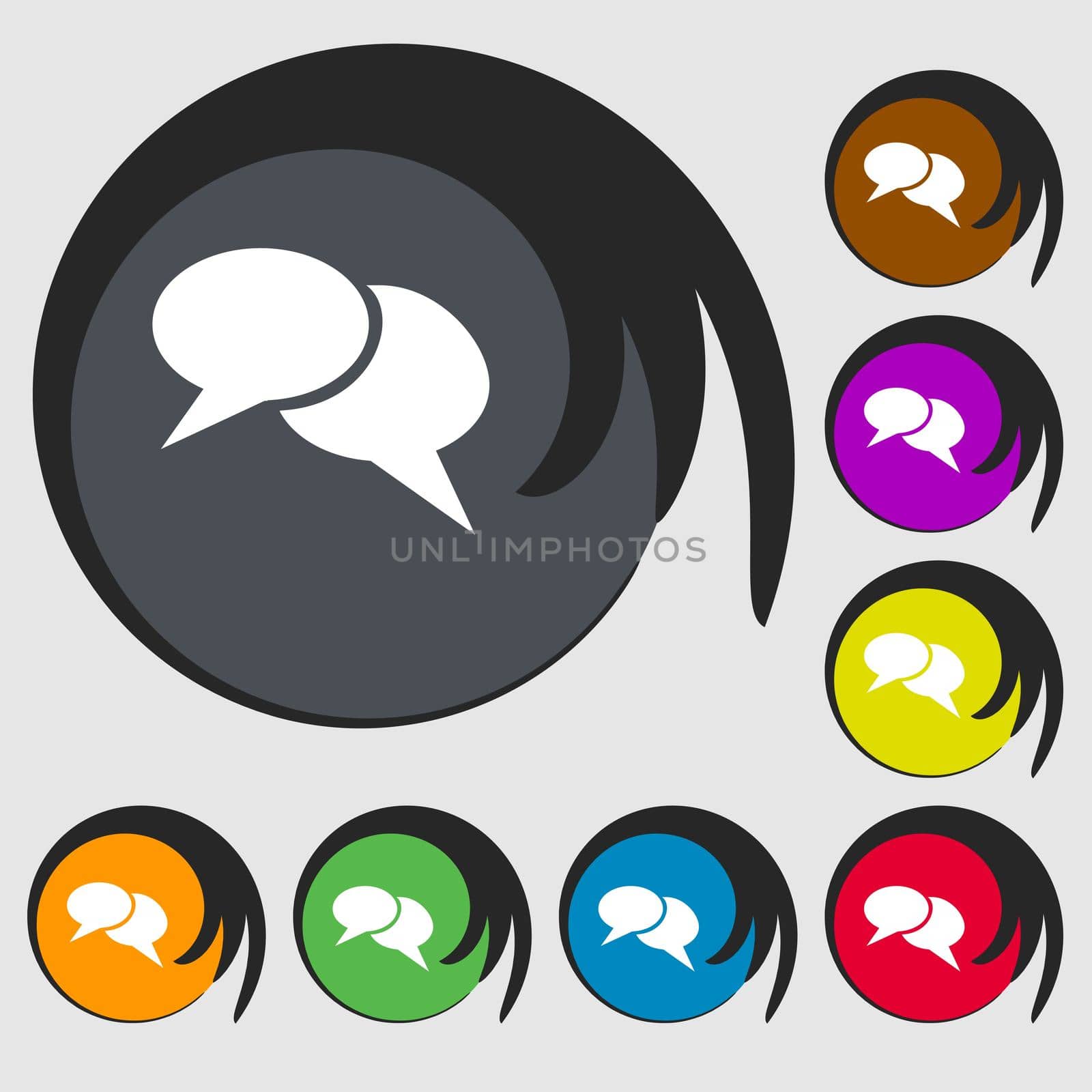 Speech bubble icons. Think cloud symbols. Symbols on eight colored buttons. illustration