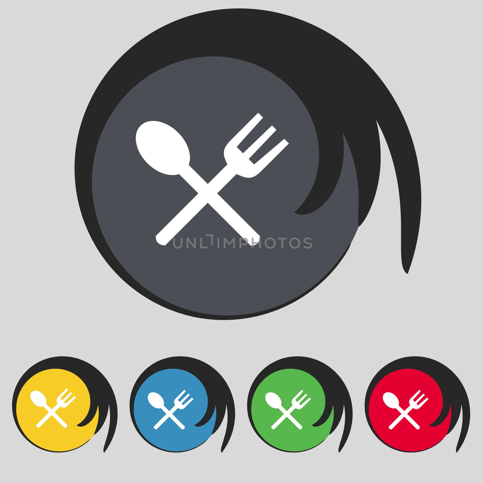 Fork and spoon crosswise, Cutlery, Eat icon sign. Symbol on five colored buttons. illustration