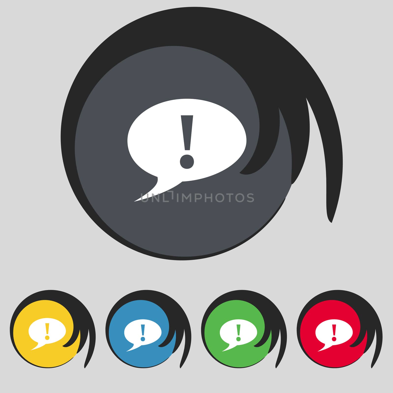 Exclamation mark sign icon. Attention speech bubble symbol. Set colourful buttons. illustration