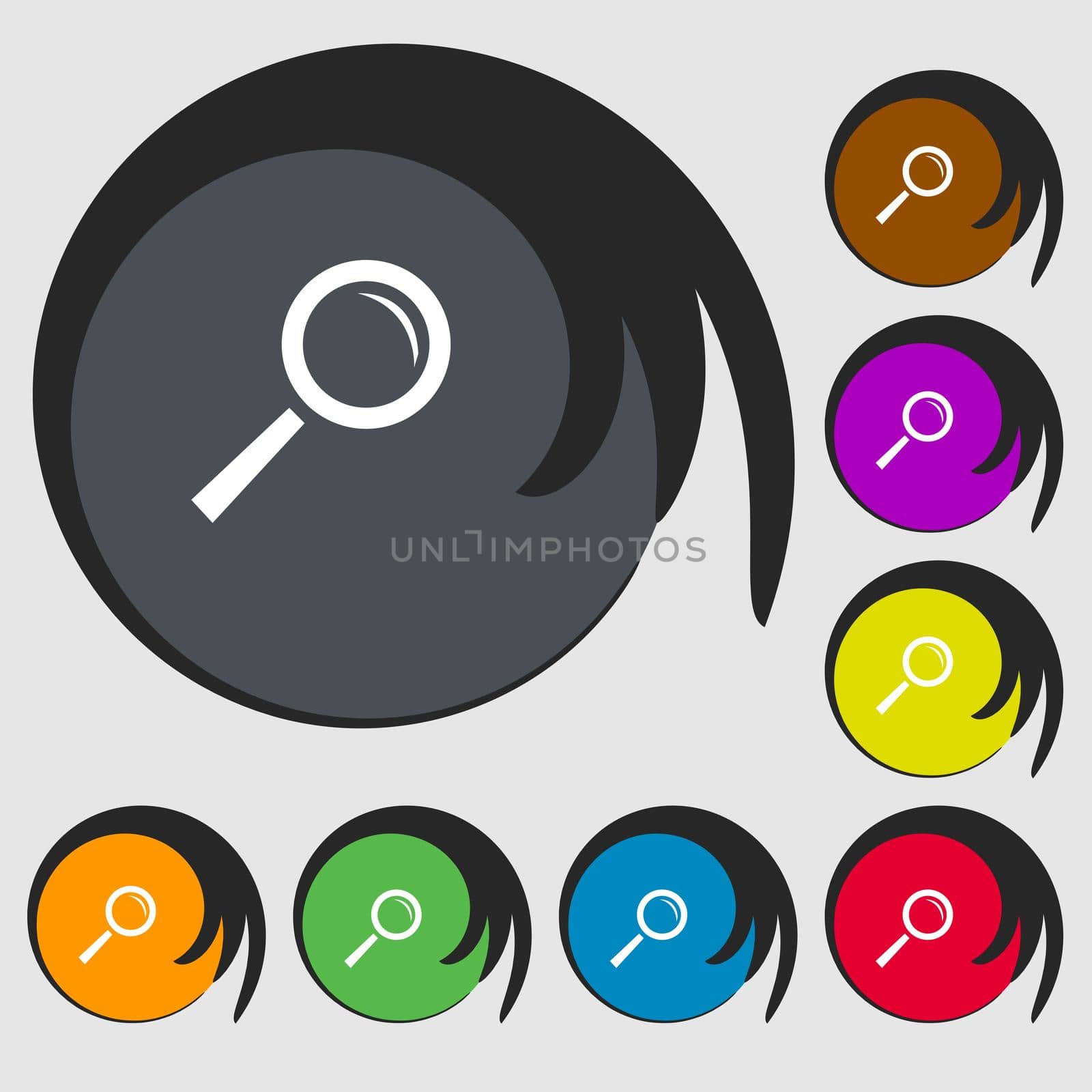 Magnifier glass sign icon. Zoom tool button. Navigation search symbol. Symbols on eight colored buttons.  by serhii_lohvyniuk