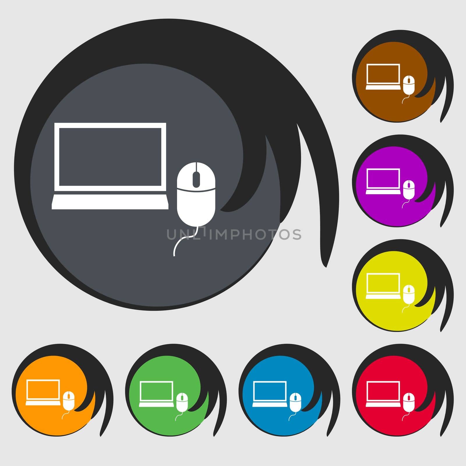 Computer widescreen monitor, mouse sign icon. Symbols on eight colored buttons.  by serhii_lohvyniuk