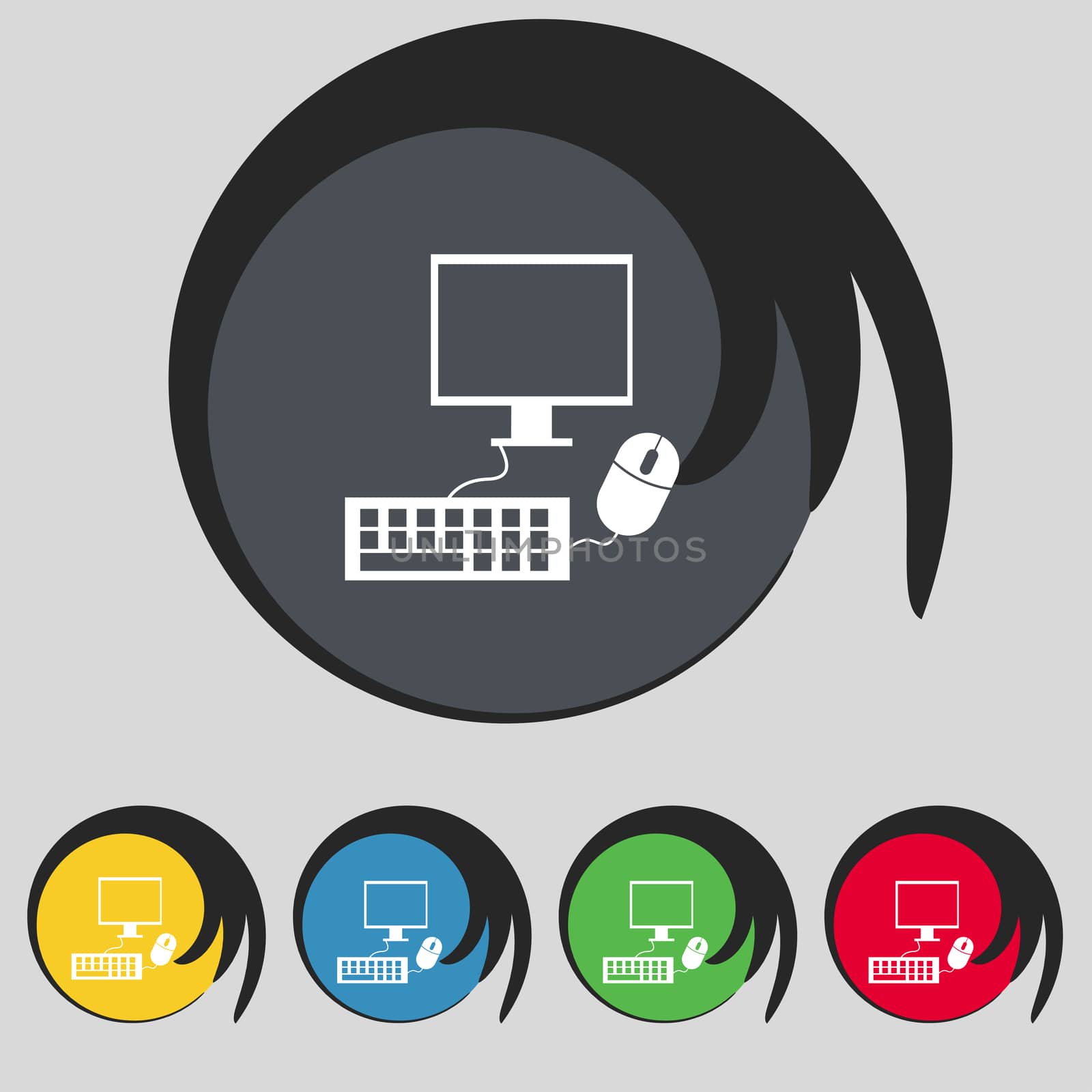 Computer widescreen monitor, keyboard, mouse sign icon. Set colourful buttons illustration