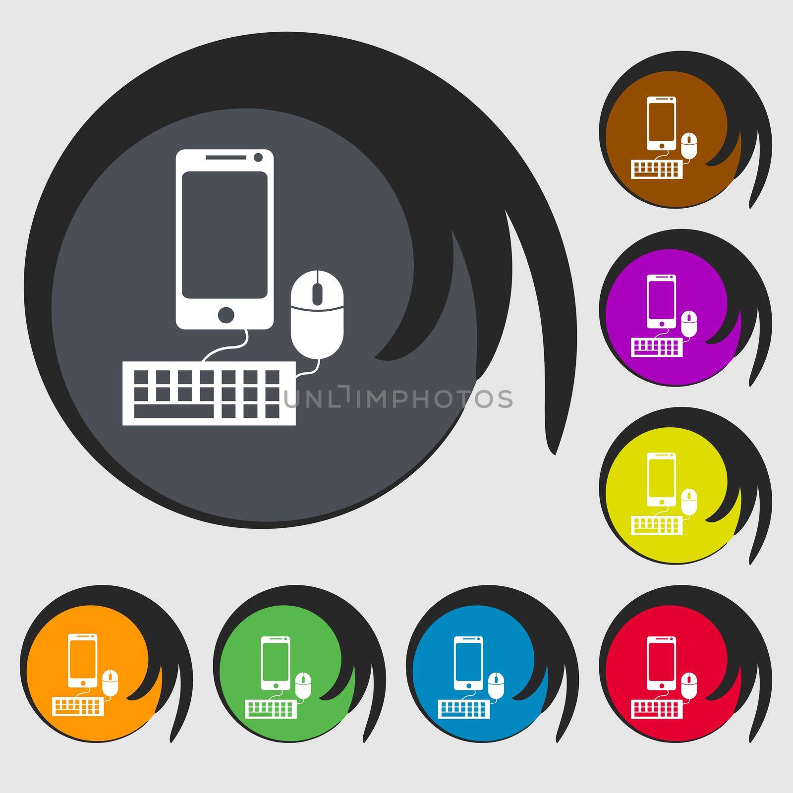 smartphone widescreen monitor, keyboard, mouse sign icon. Symbols on eight colored buttons.  by serhii_lohvyniuk