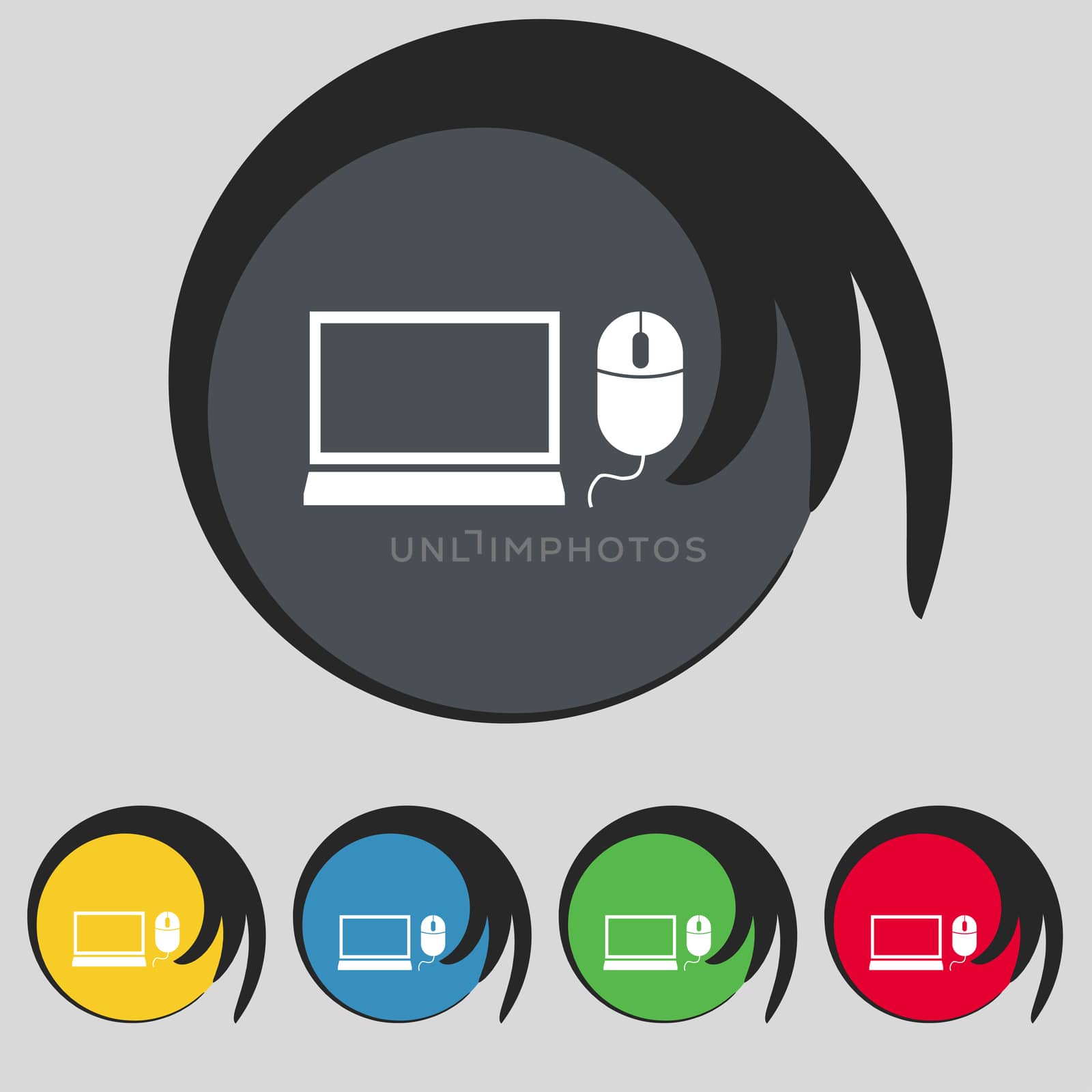 Computer widescreen monitor, mouse sign icon. Set colourful buttons illustration