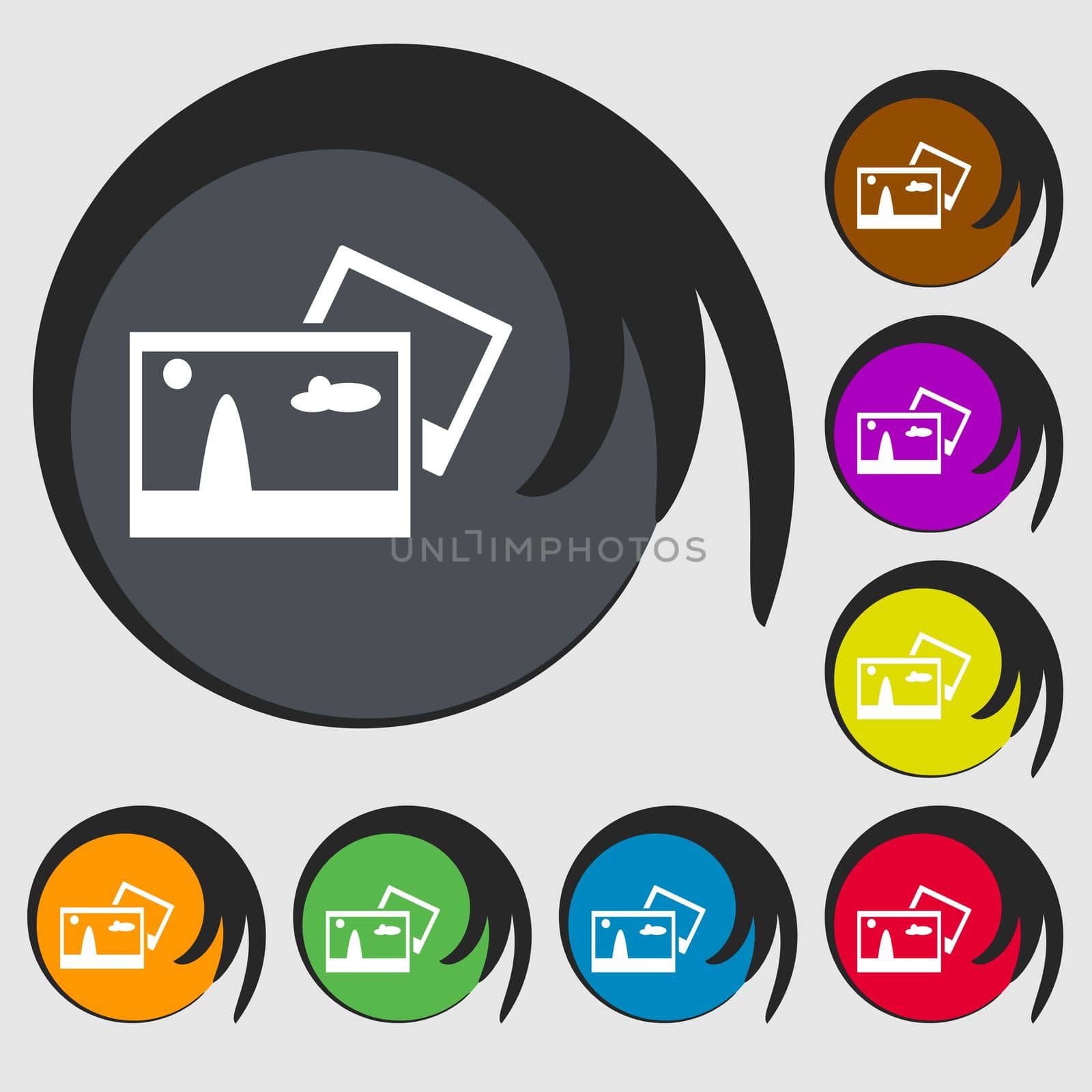 Copy File JPG sign icon. Download image file symbol. Symbols on eight colored buttons.  by serhii_lohvyniuk
