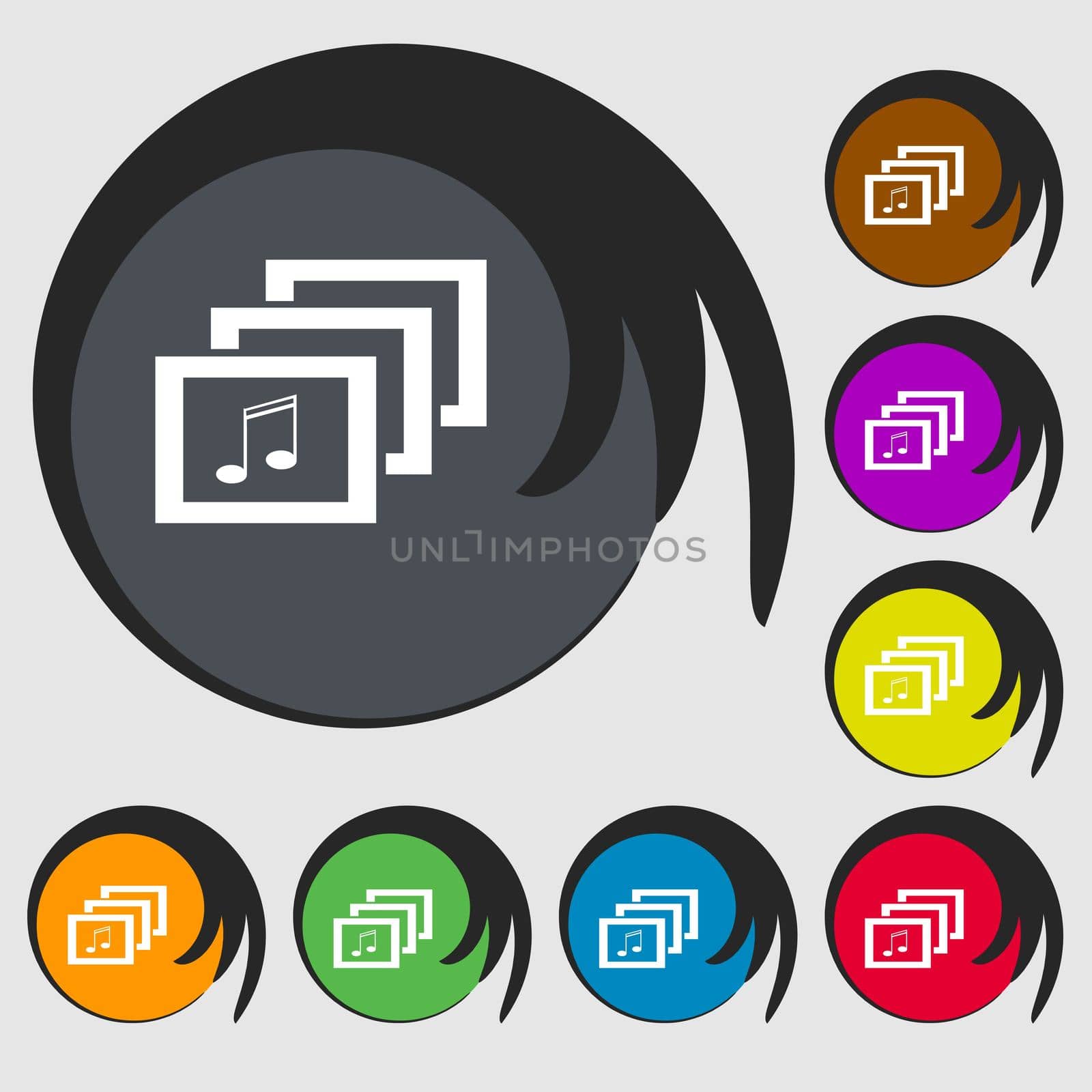 Mp3 music format sign icon. Musical symbol. Symbols on eight colored buttons.  by serhii_lohvyniuk