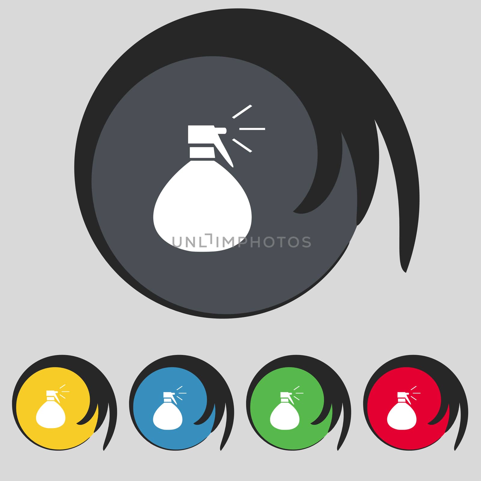 plastic spray of water icon sign. Symbol on five colored buttons. illustration