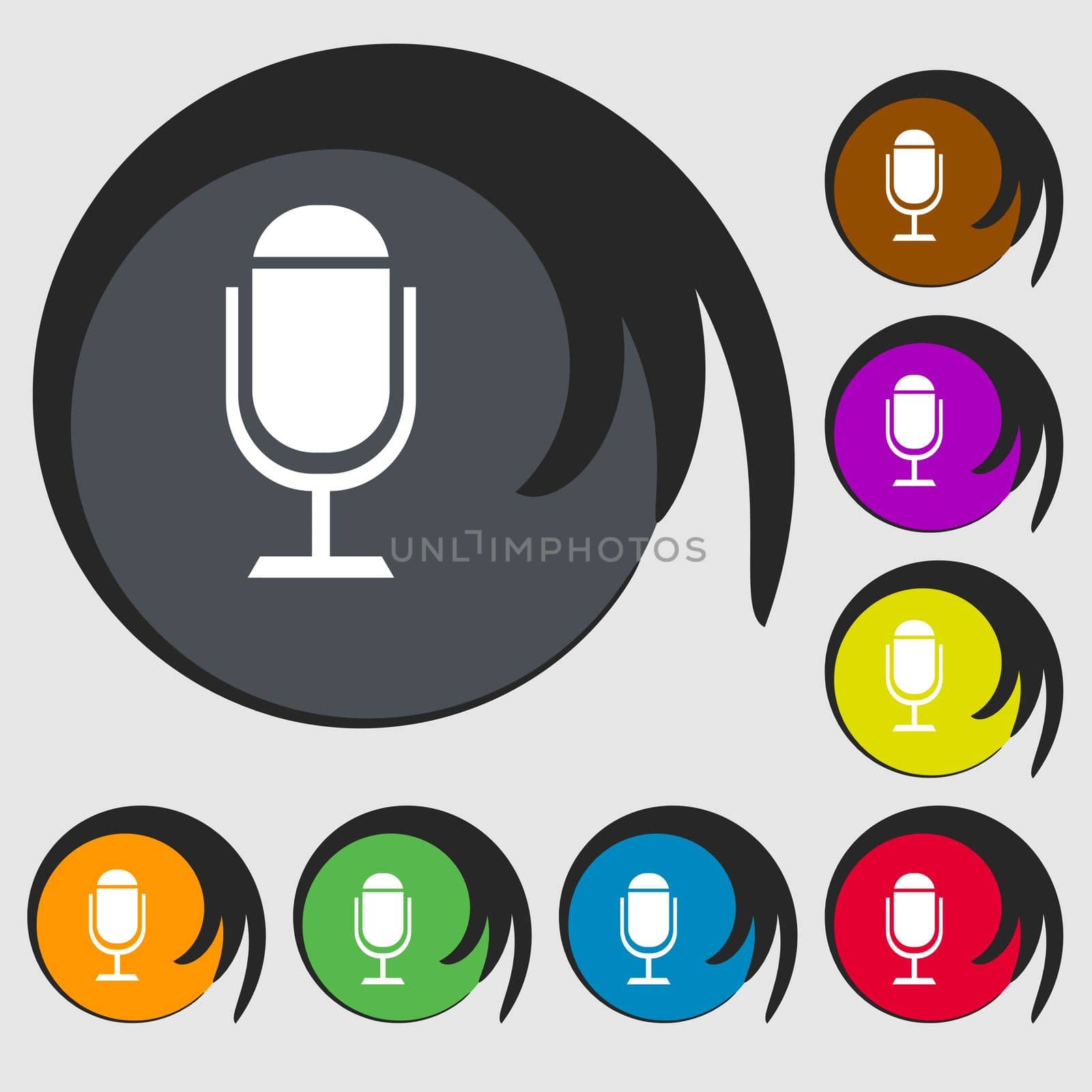 Microphone icon. Speaker symbol. Live music sign. Symbols on eight colored buttons. illustration