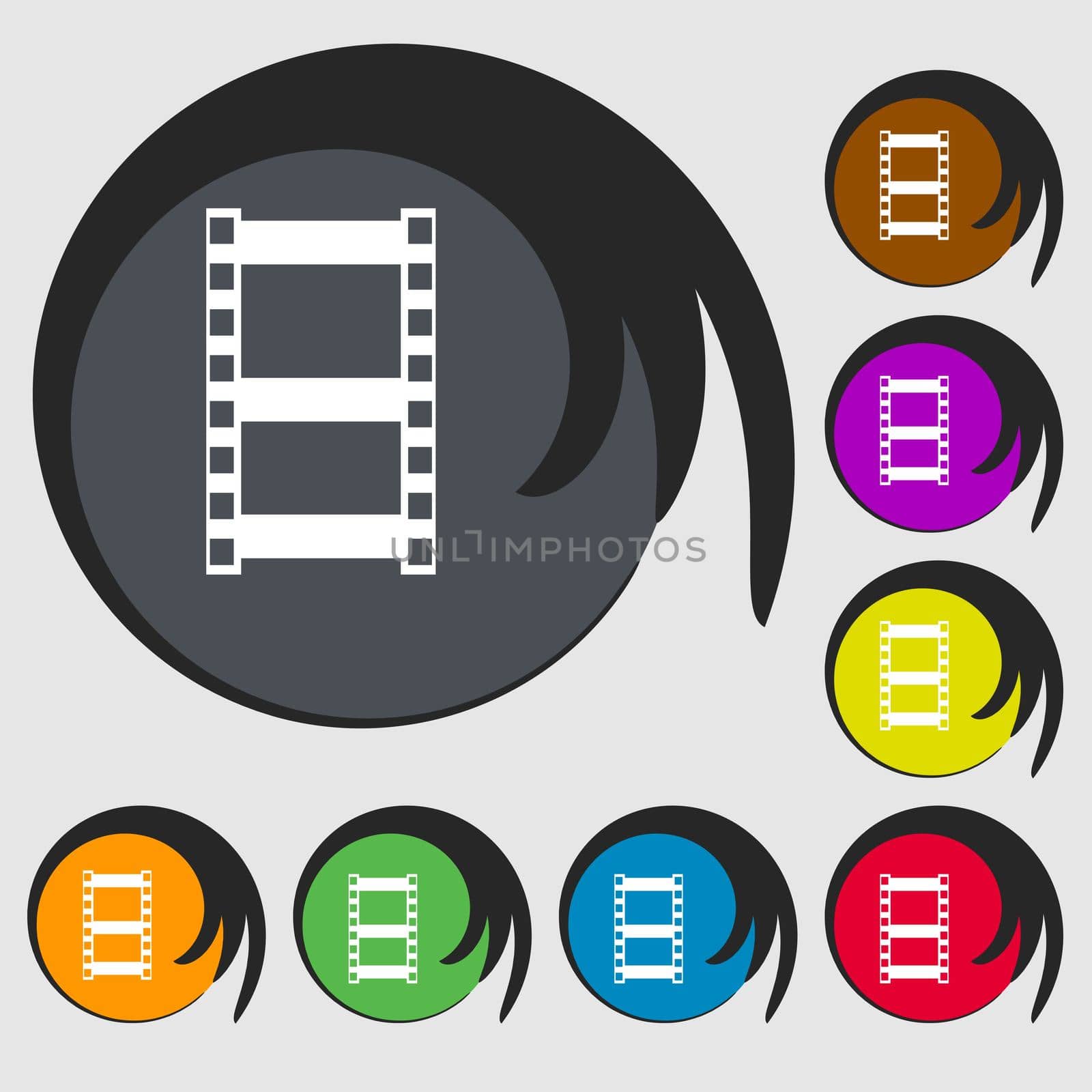 Video sign icon. Video frame symbol. Symbols on eight colored buttons. illustration