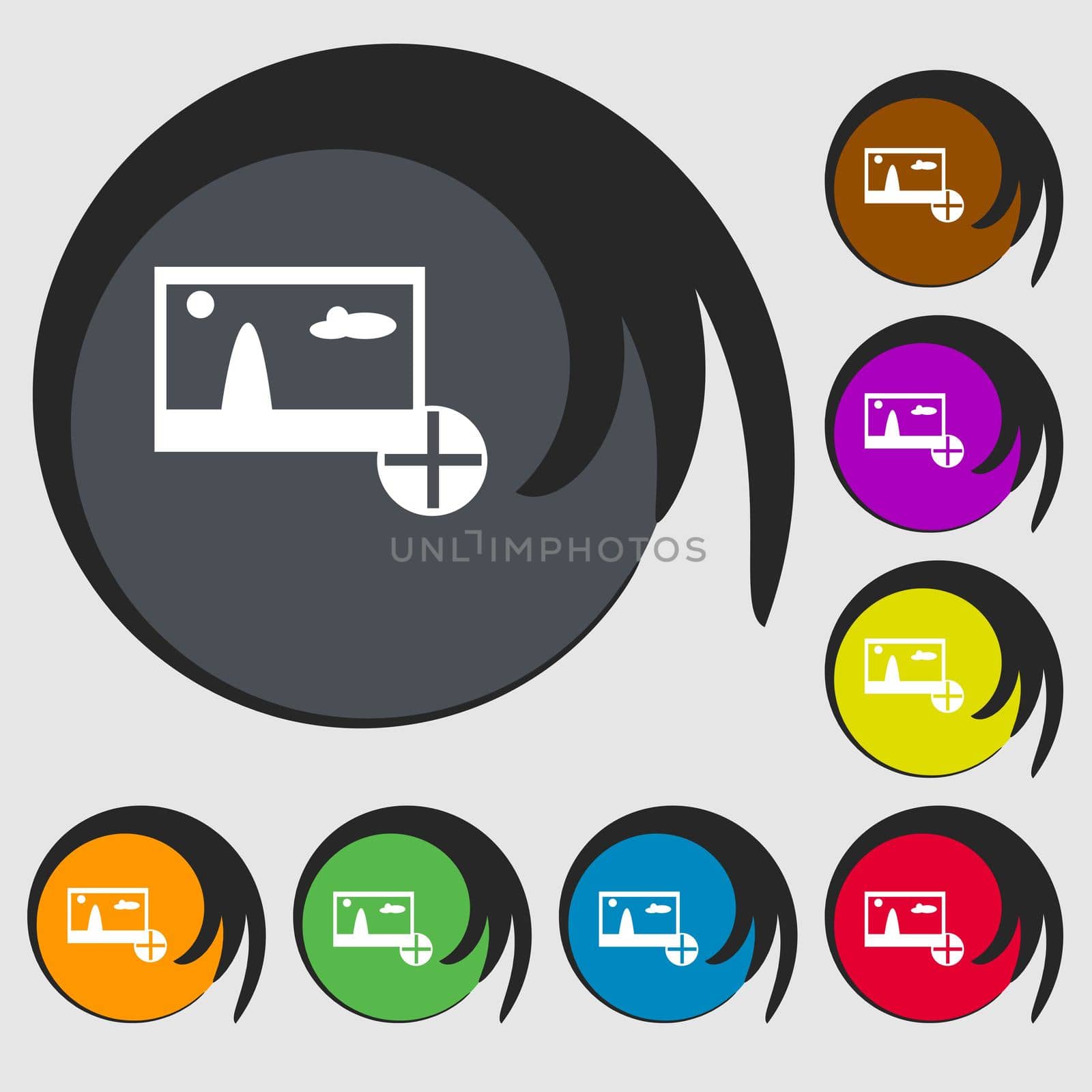 Plus, add File JPG sign icon. Download image file symbol. Symbols on eight colored buttons. illustration