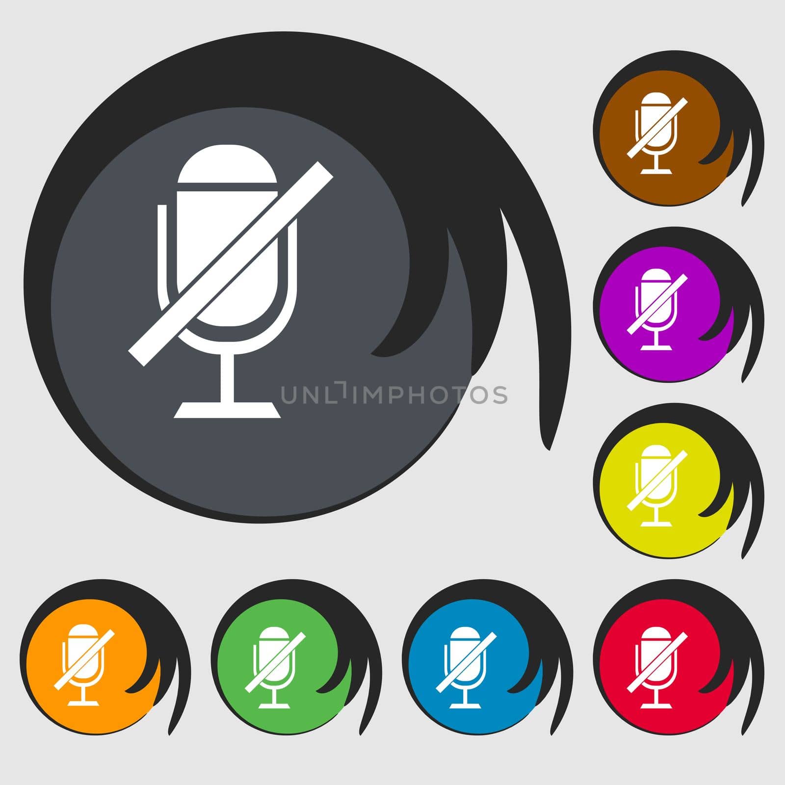 No Microphone sign icon. Speaker symbol. Symbols on eight colored buttons.  by serhii_lohvyniuk