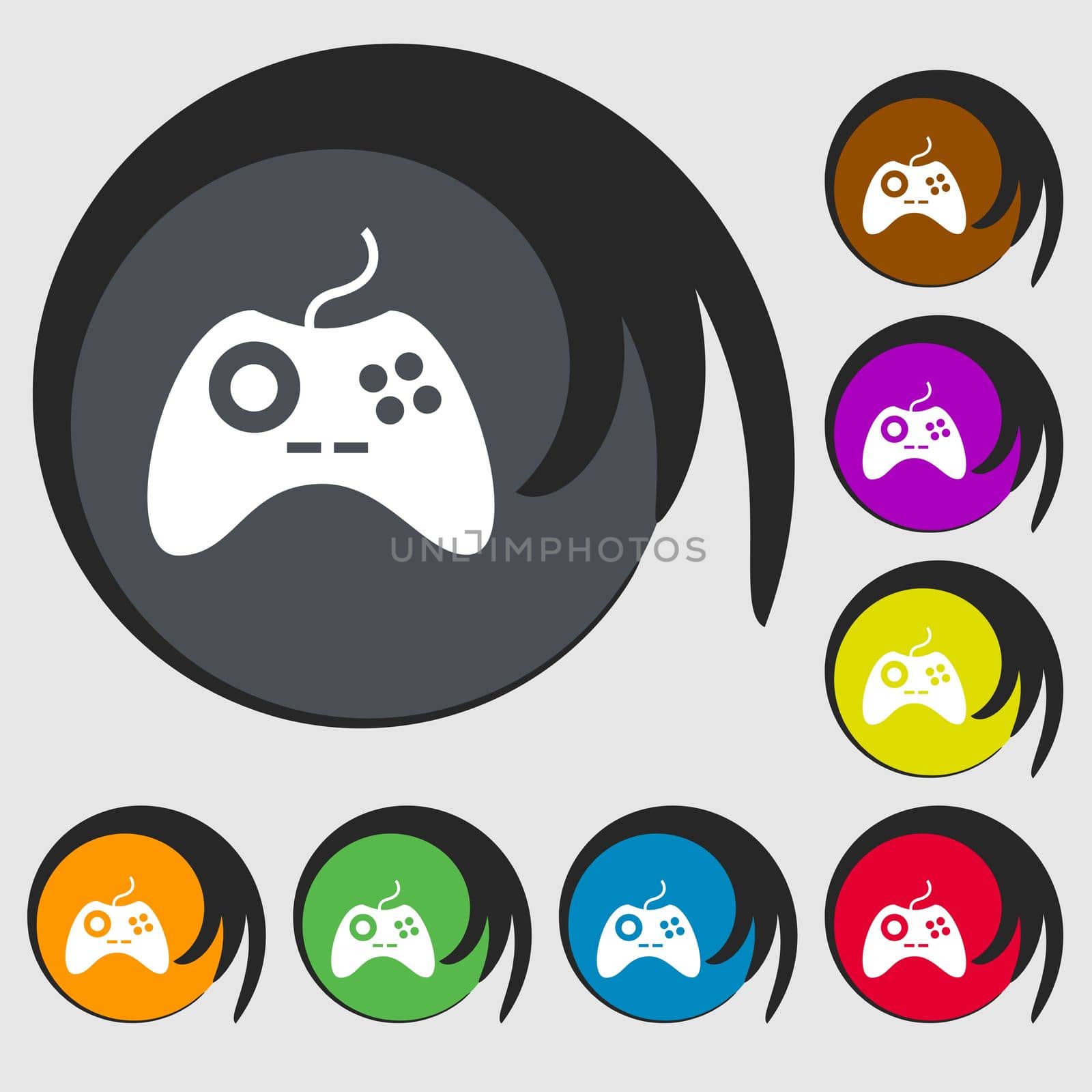 Joystick sign icon. Video game symbol. Symbols on eight colored buttons. illustration