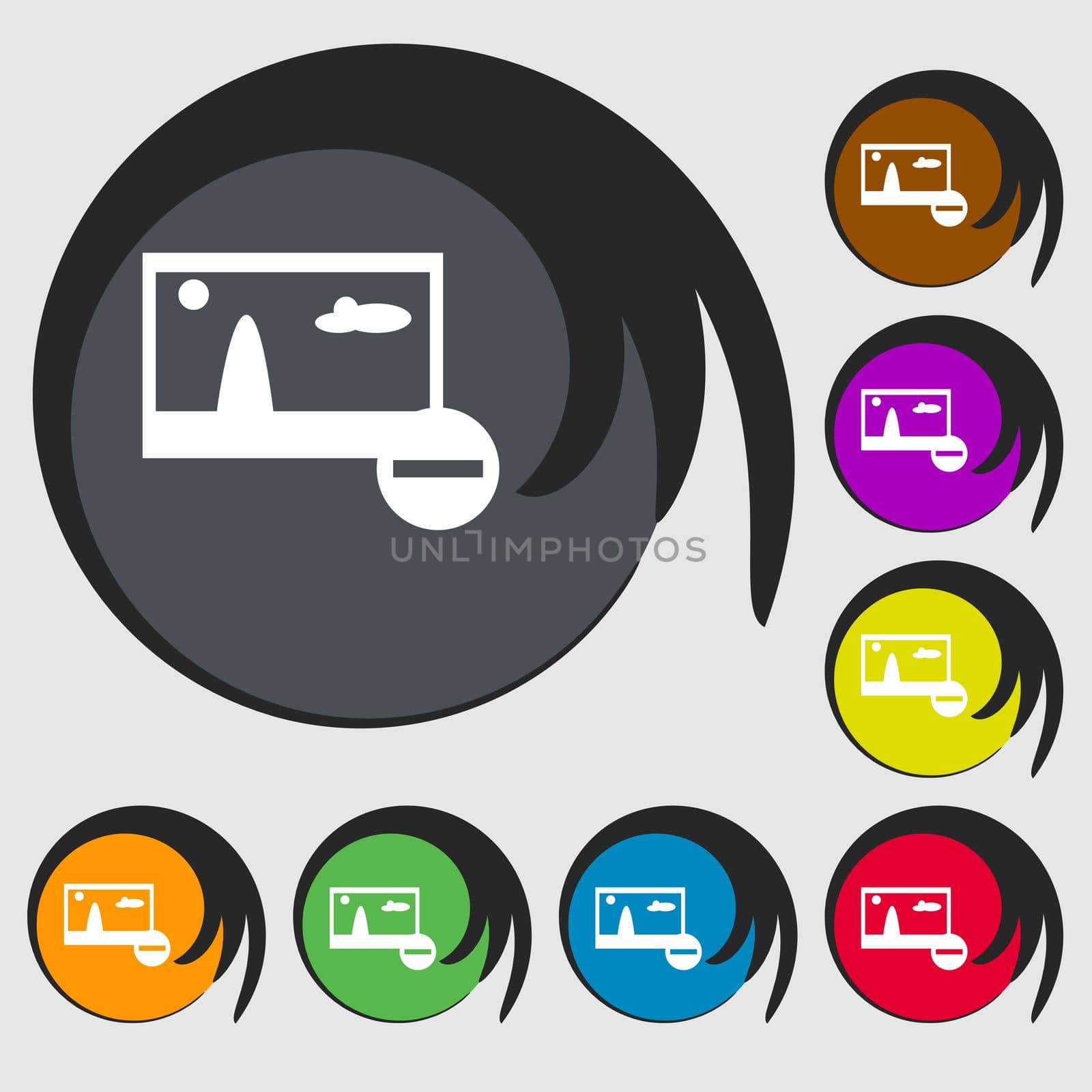 minus File JPG sign icon. Download image file symbol. Set colourful buttons. Symbols on eight colored buttons.  by serhii_lohvyniuk