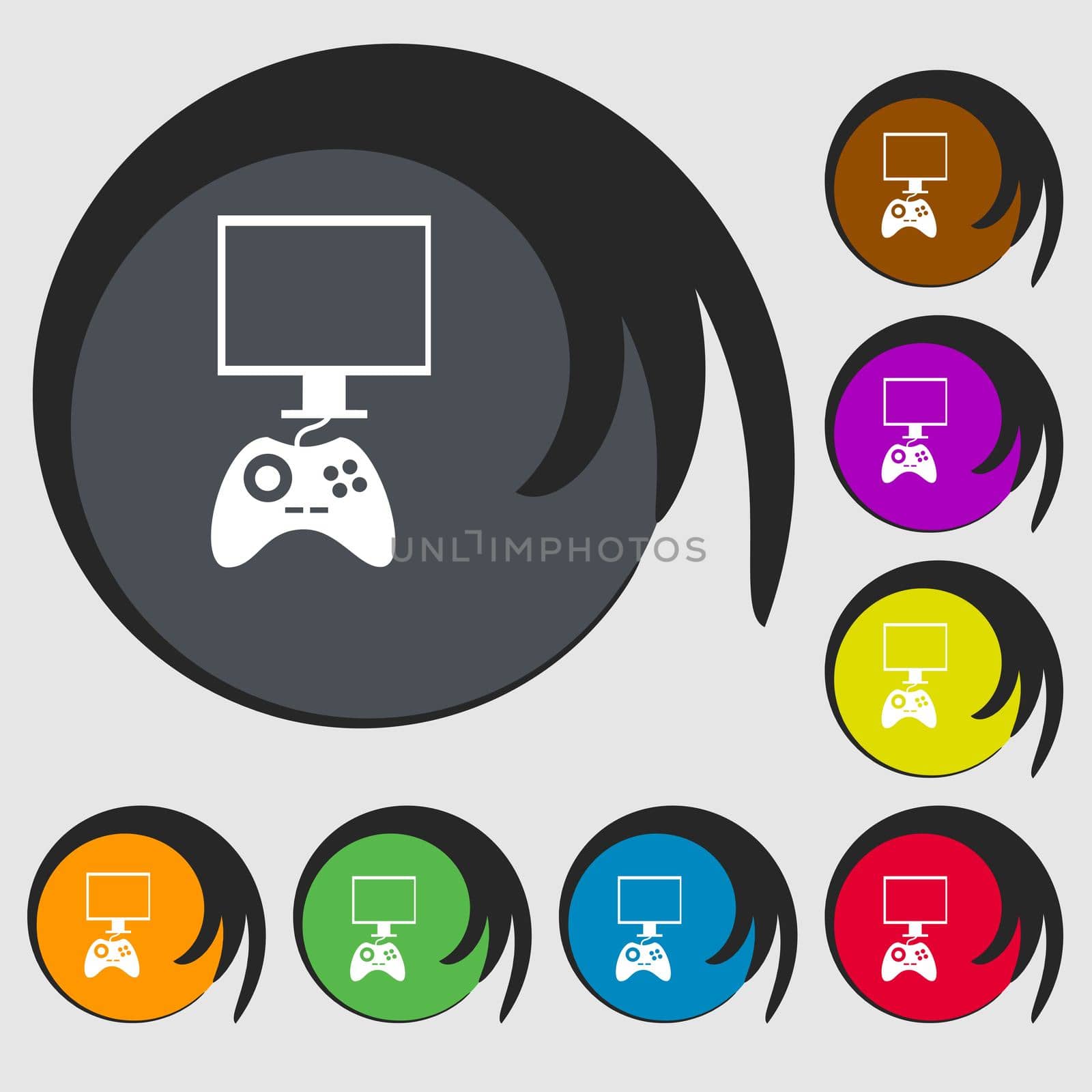 Joystick and monitor sign icon. Video game symbol. Symbols on eight colored buttons. illustration