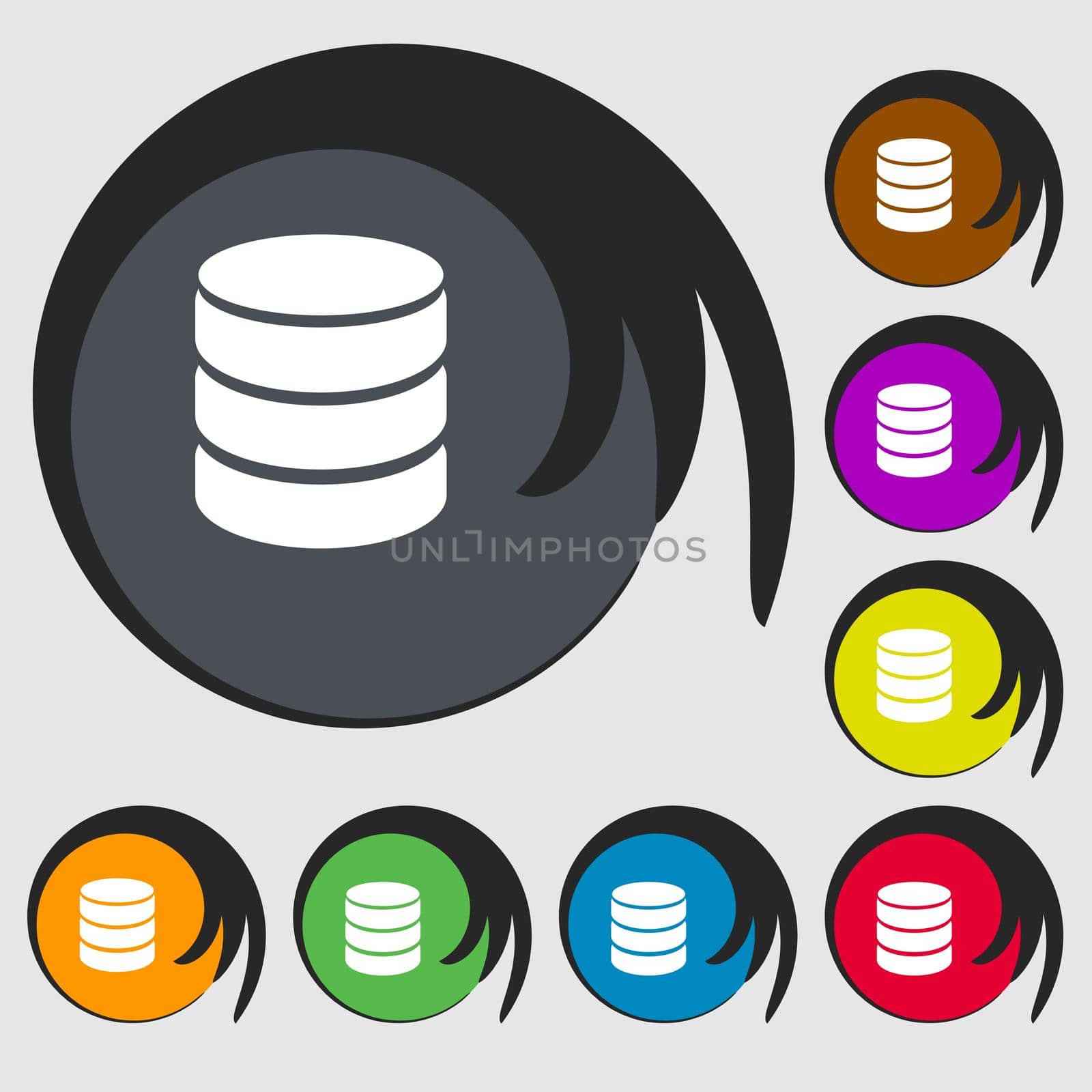 Hard disk and database sign icon. flash drive stick symbol. Symbols on eight colored buttons.  by serhii_lohvyniuk