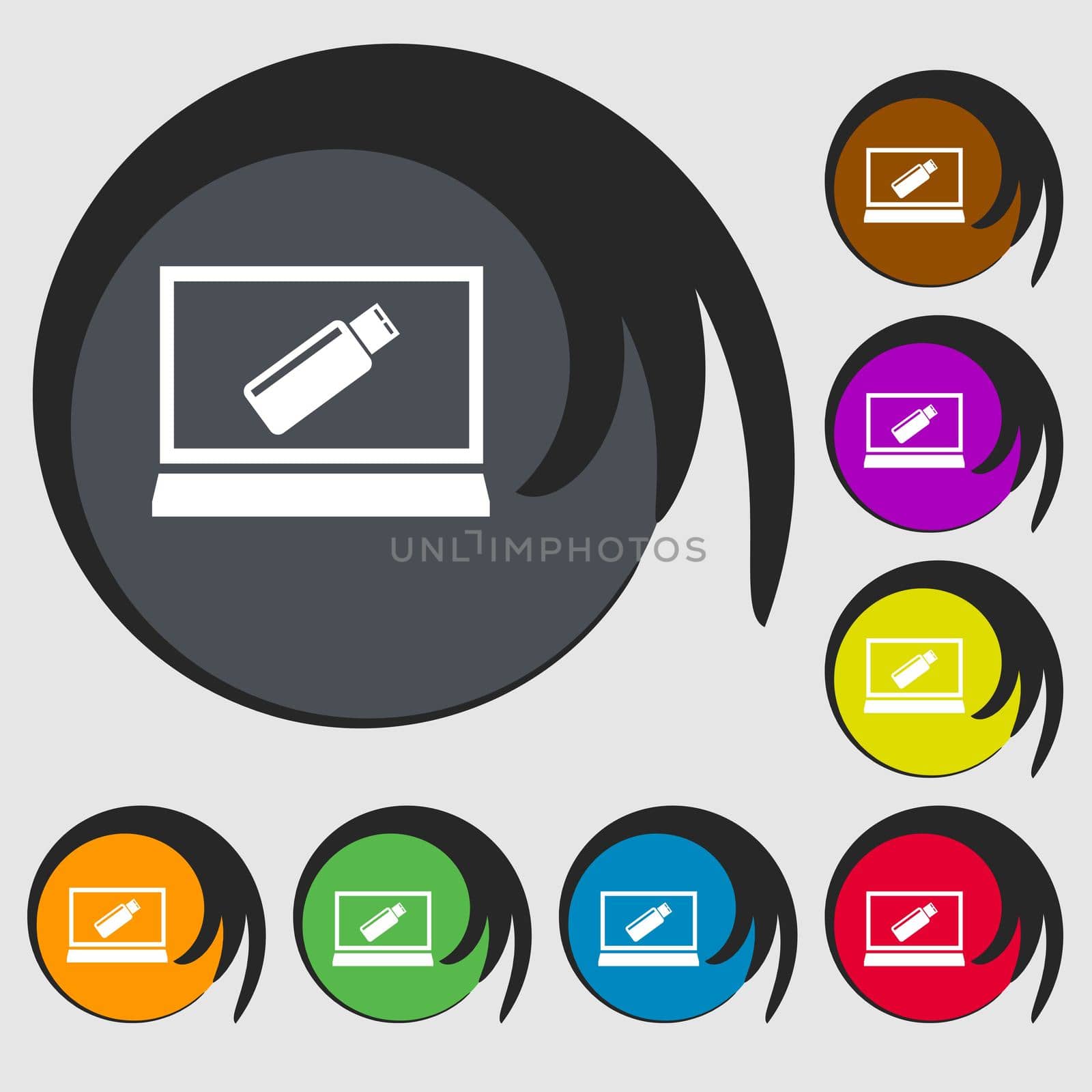 usb flash drive and monitor sign icon. Video game symbol. Symbols on eight colored buttons.  by serhii_lohvyniuk
