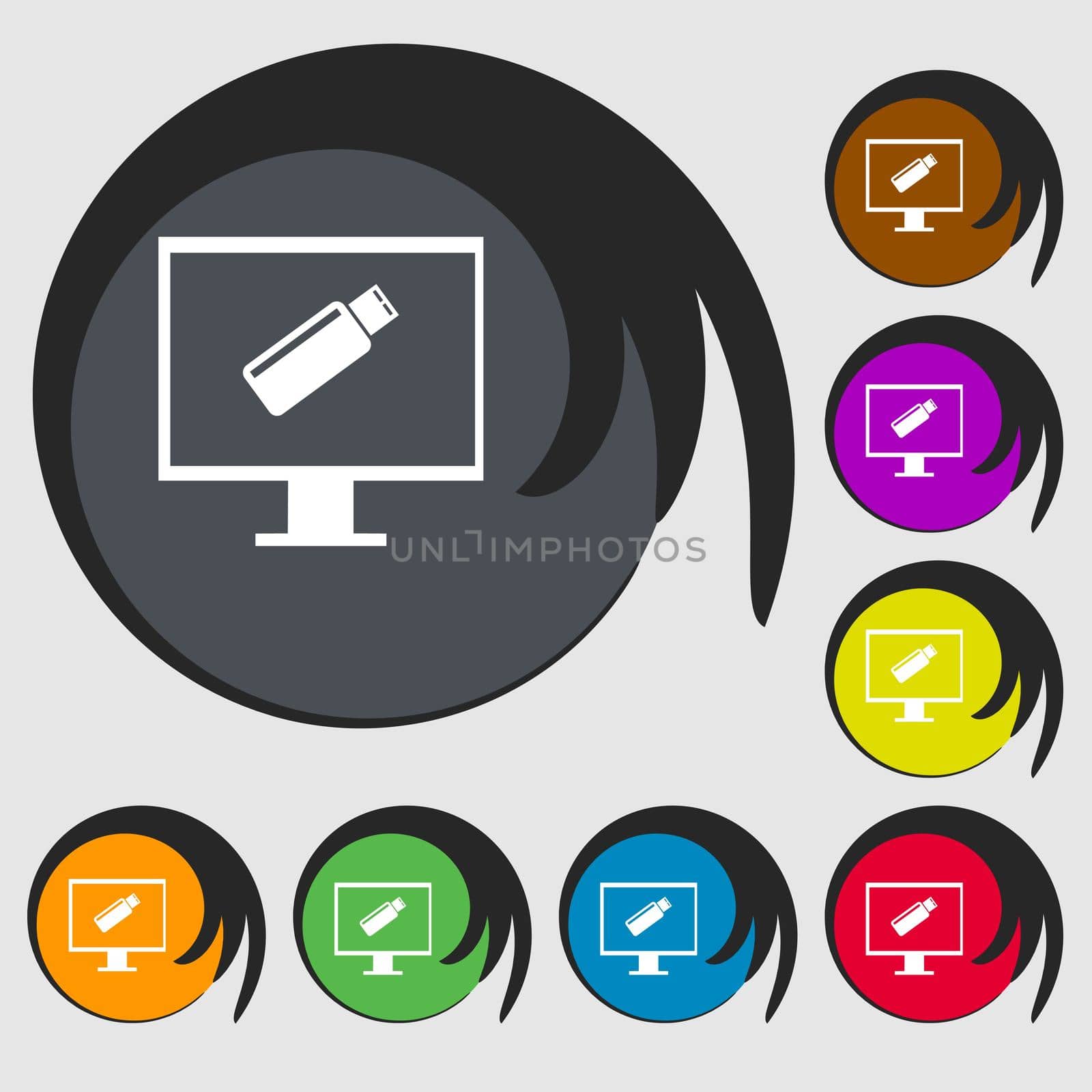 usb flash drive and monitor sign icon. Video game symbol. Symbols on eight colored buttons. illustration