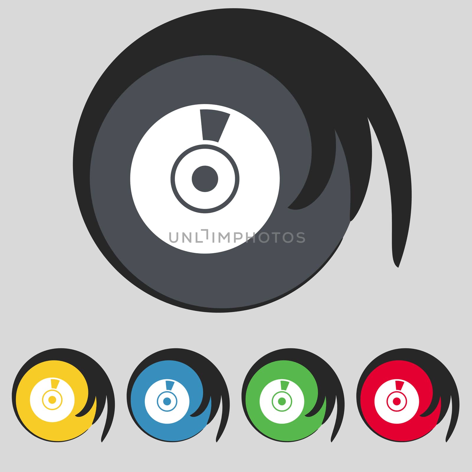 CD or DVD icon sign. Symbol on five colored buttons. illustration