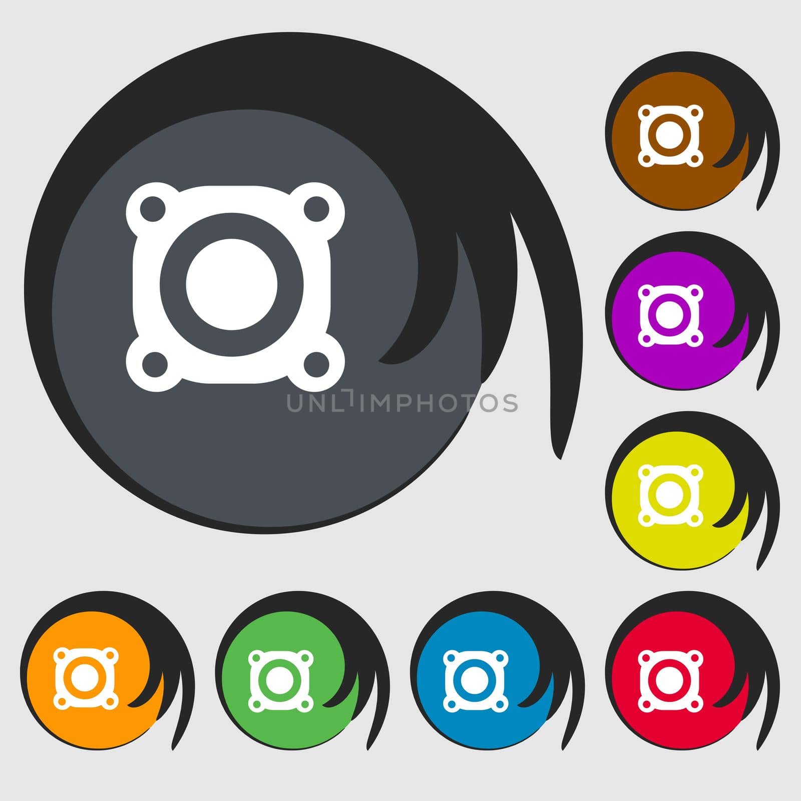 Speaker volume sign icon. Sound symbol. Symbols on eight colored buttons. illustration