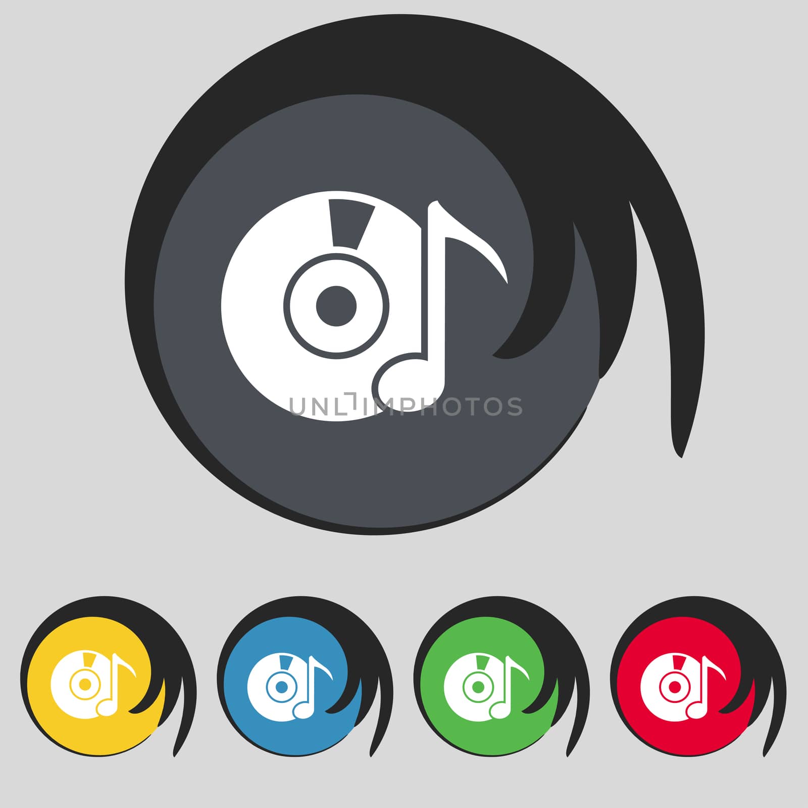 CD or DVD icon sign. Symbol on five colored buttons. illustration