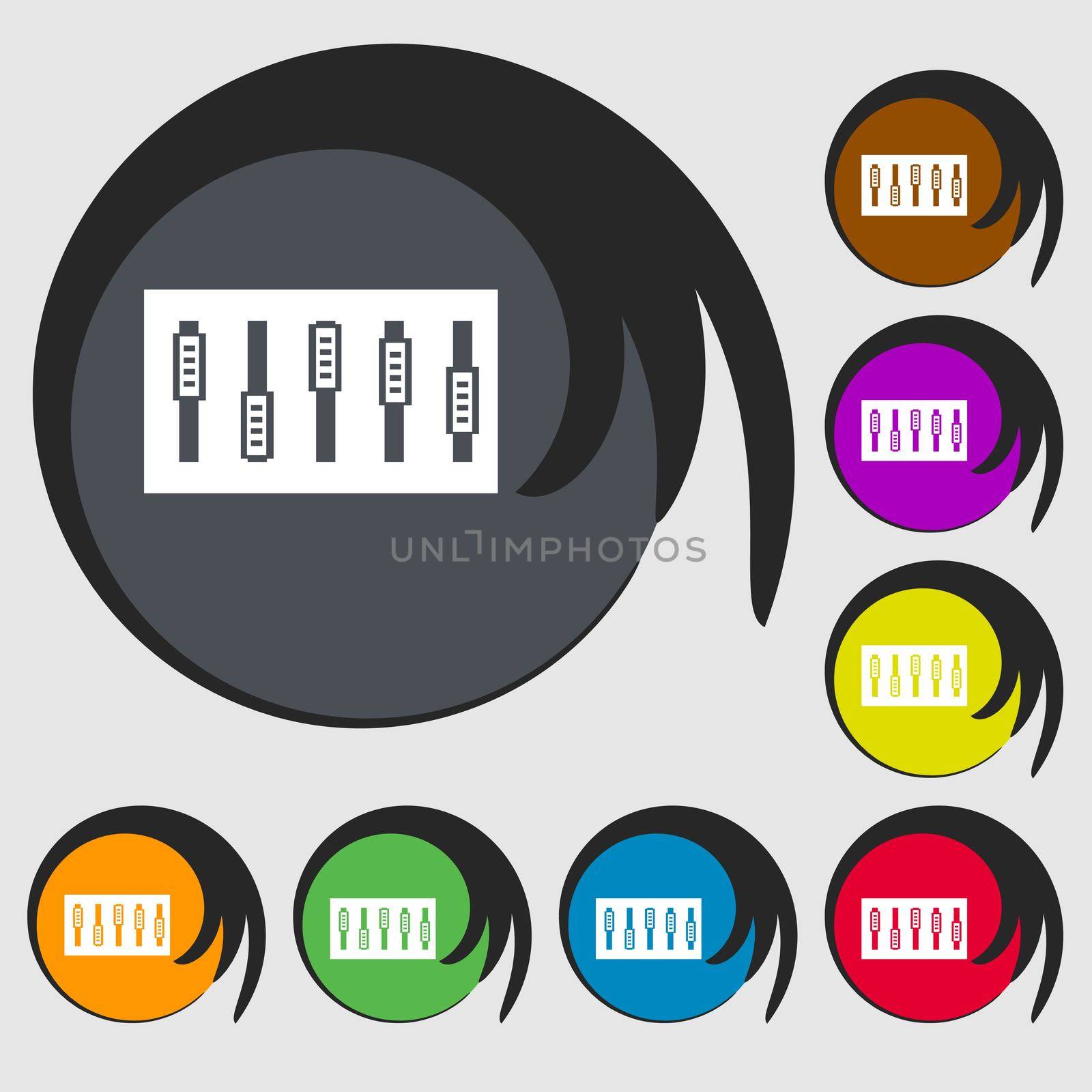 Dj console mix handles and buttons icon symbol. Symbols on eight colored buttons. illustration