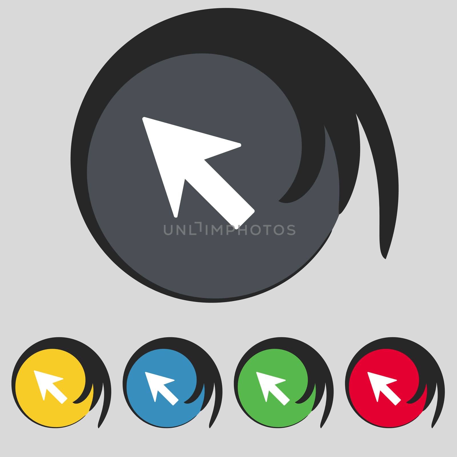 Cursor, arrow icon sign. Symbol on five colored buttons.  by serhii_lohvyniuk