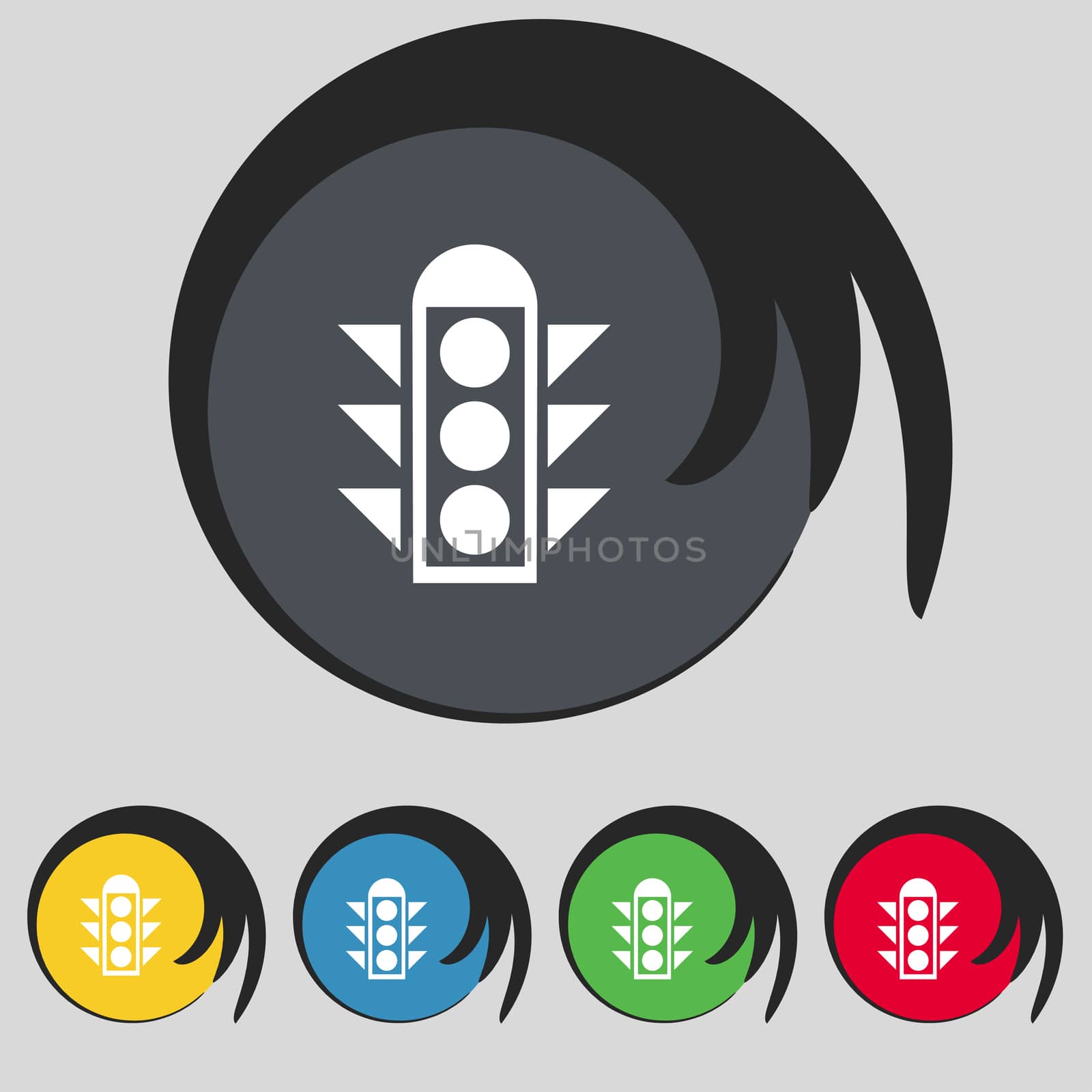 Traffic light signal icon sign. Symbol on five colored buttons.  by serhii_lohvyniuk