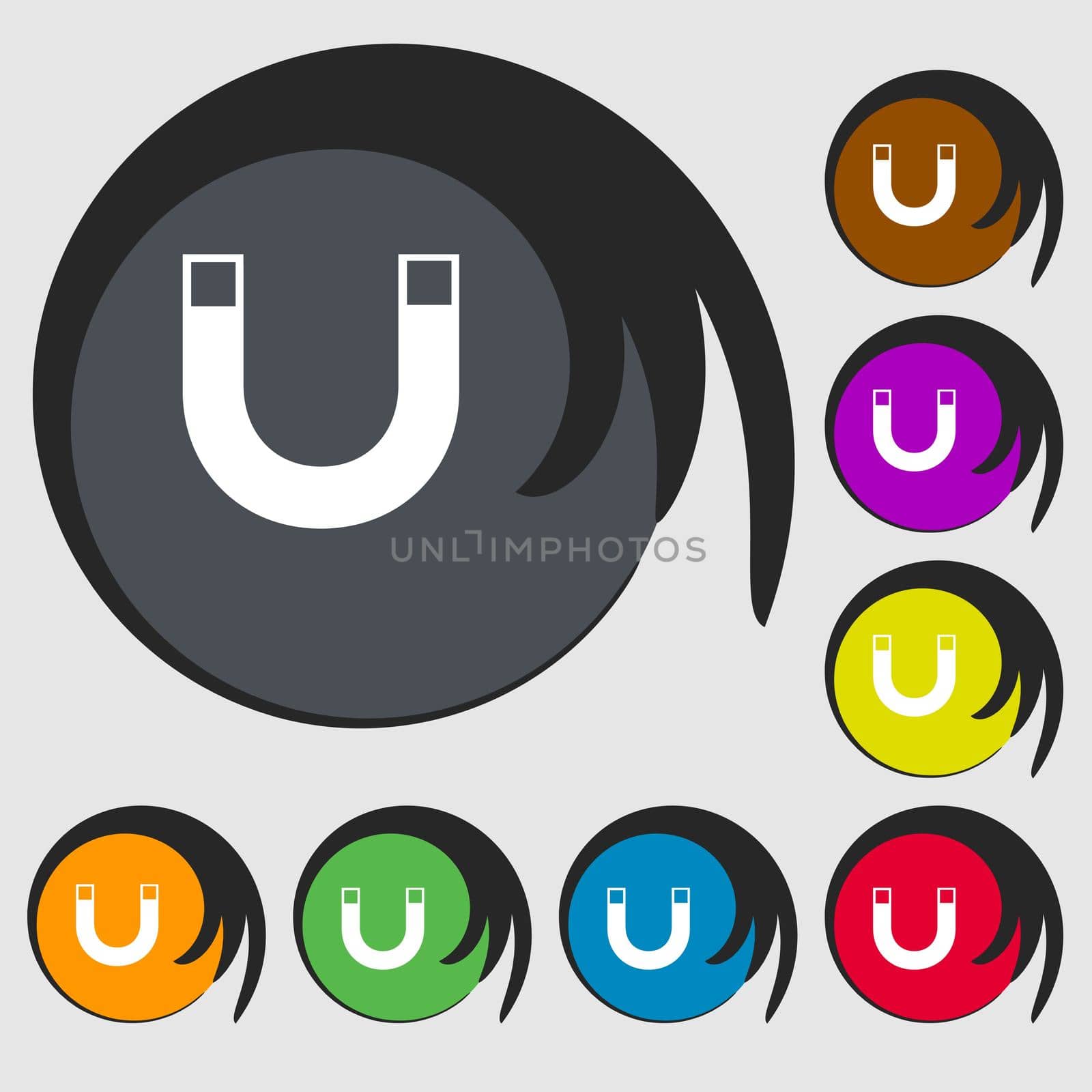 magnet sign icon. horseshoe it symbol. Repair sig. Symbols on eight colored buttons. illustration