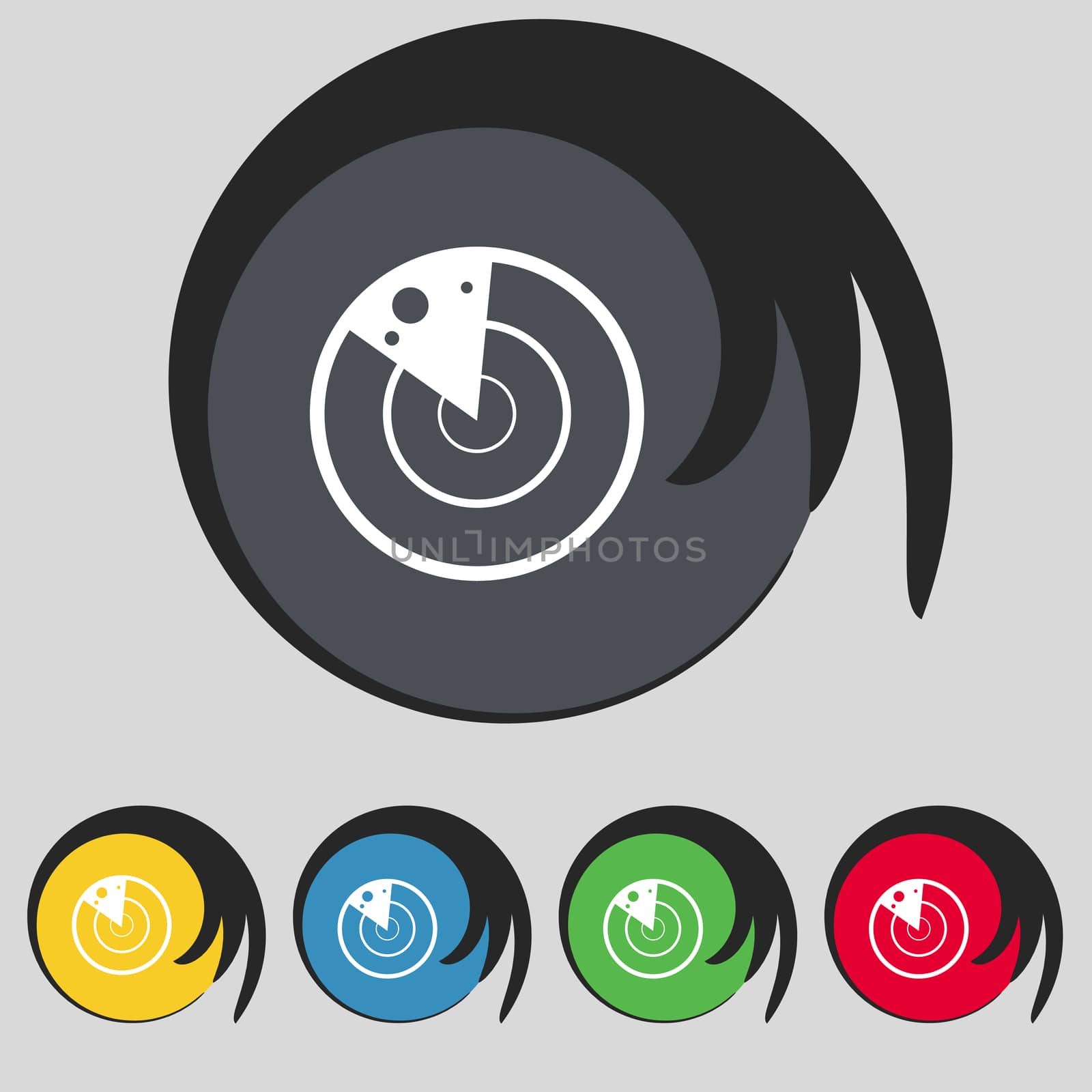 radar icon sign. Symbol on five colored buttons. illustration