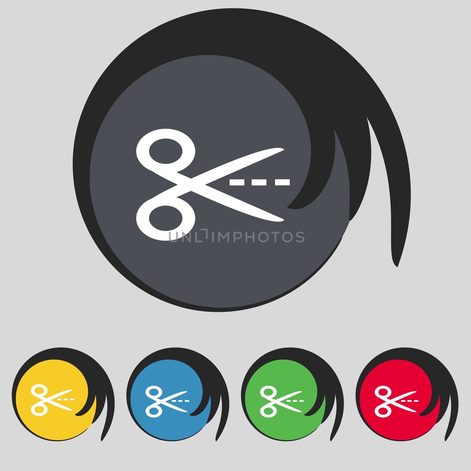 Scissors with cut dash dotted line sign icon. Tailor symbol. Set of colored buttons. illustration