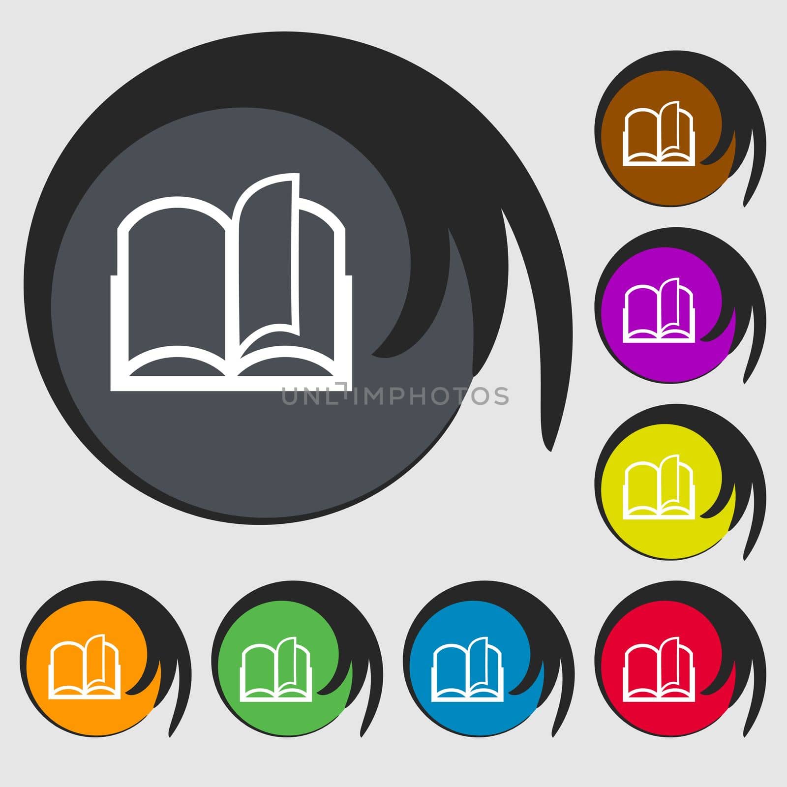 Book sign icon. Open book symbol. Symbols on eight colored buttons.  by serhii_lohvyniuk