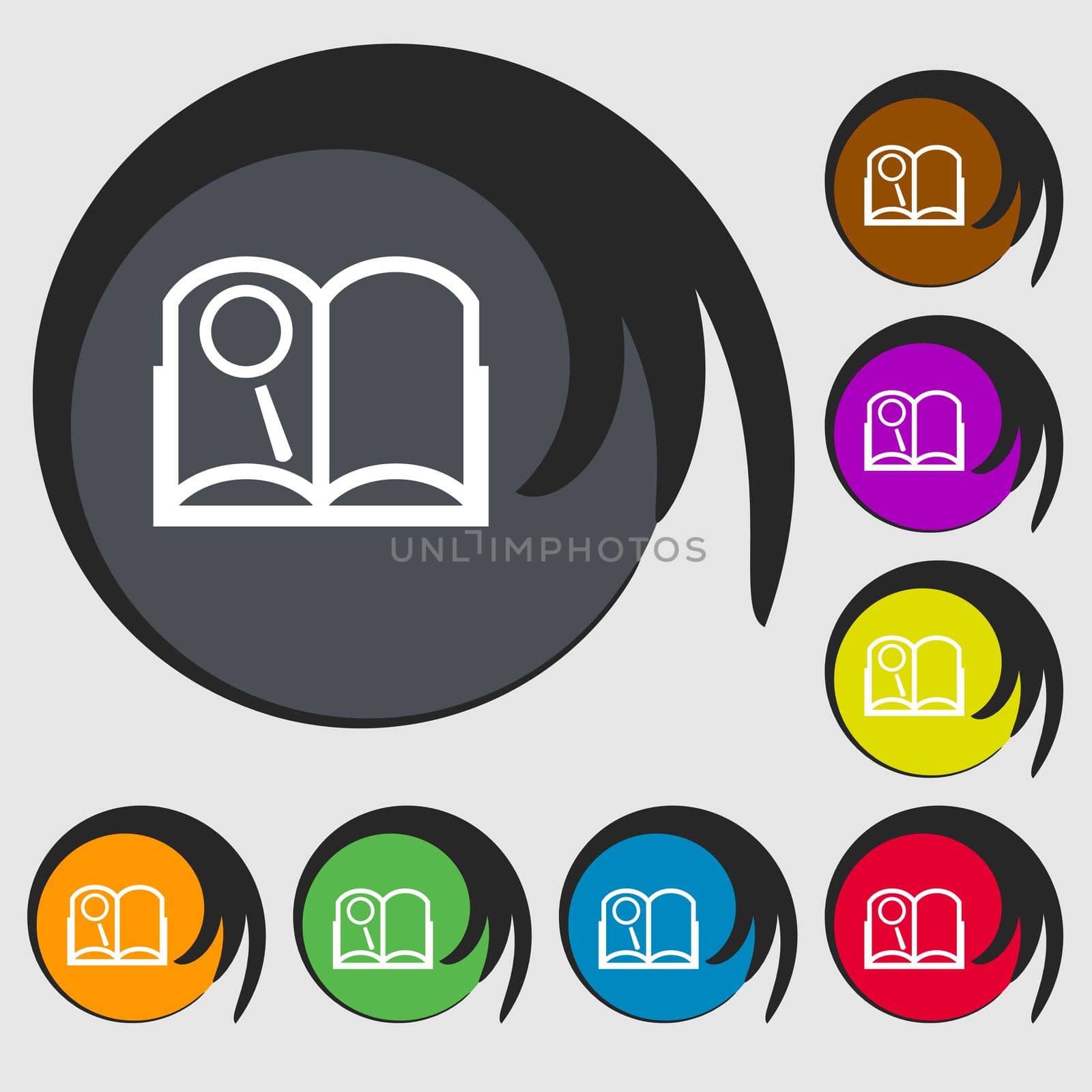 Book sign icon. Open book symbol. Symbols on eight colored buttons. illustration