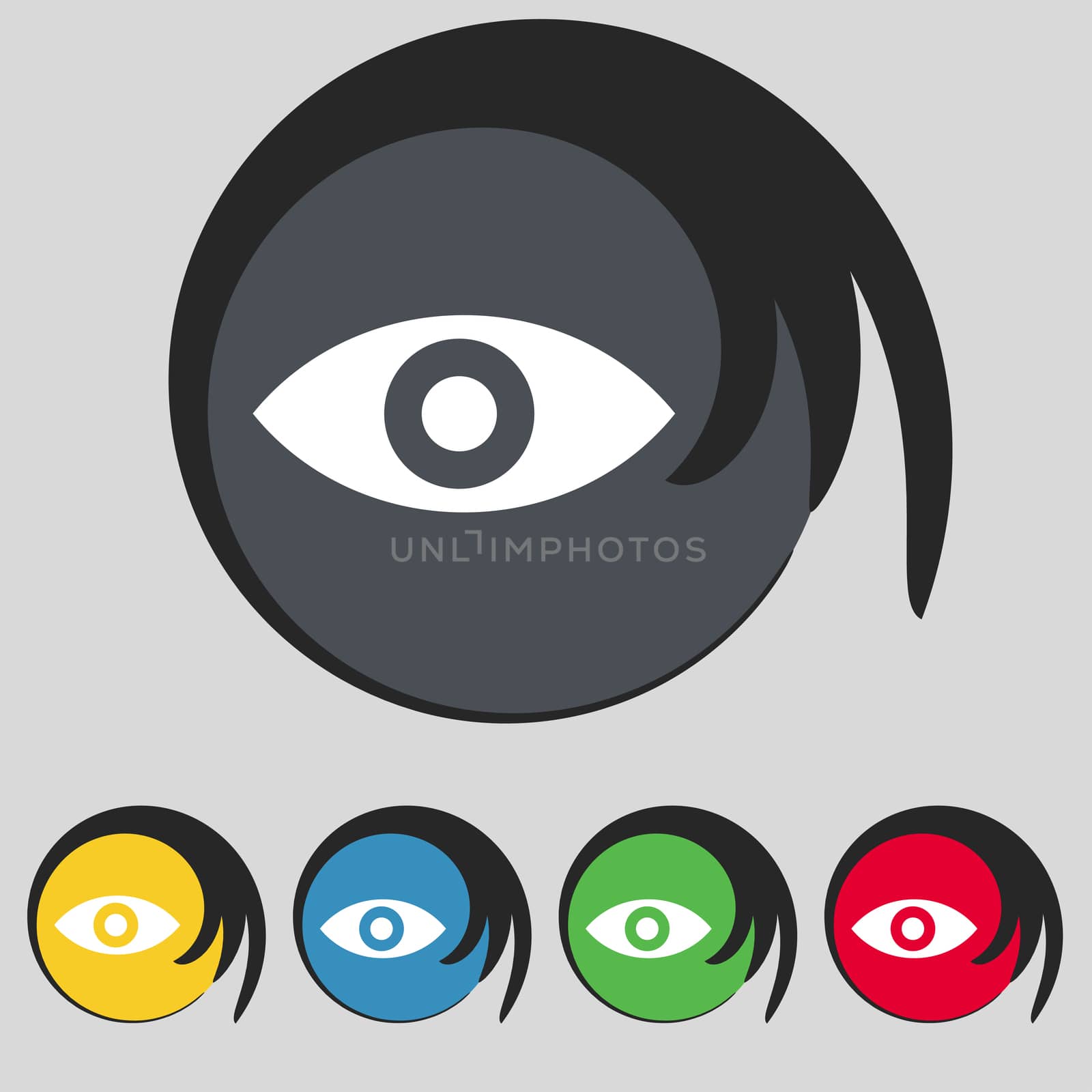 Eye, Publish content, sixth sense, intuition icon sign. Symbol on five colored buttons. illustration