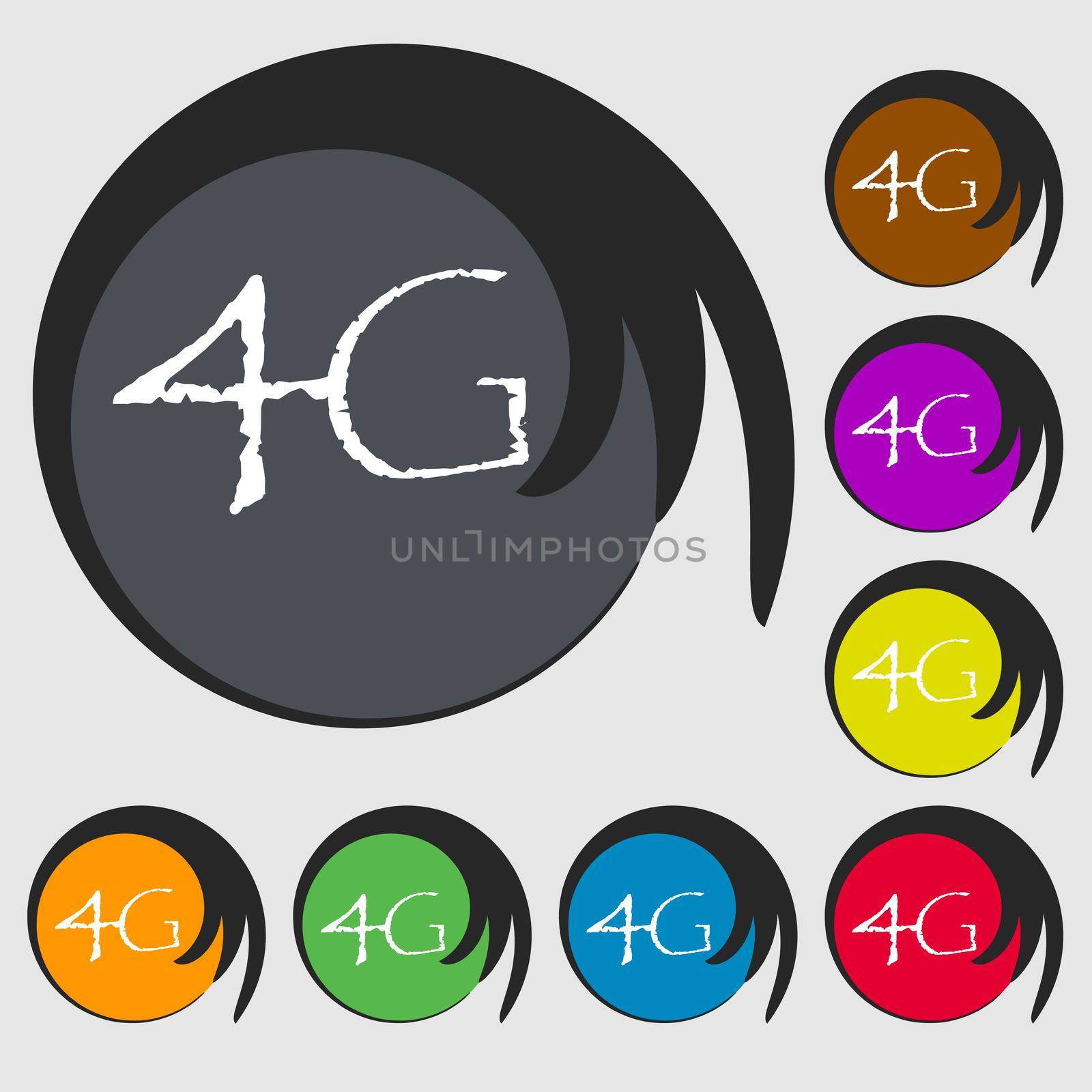 4G sign icon. Mobile telecommunications technology symbol. Symbols on eight colored buttons.  by serhii_lohvyniuk