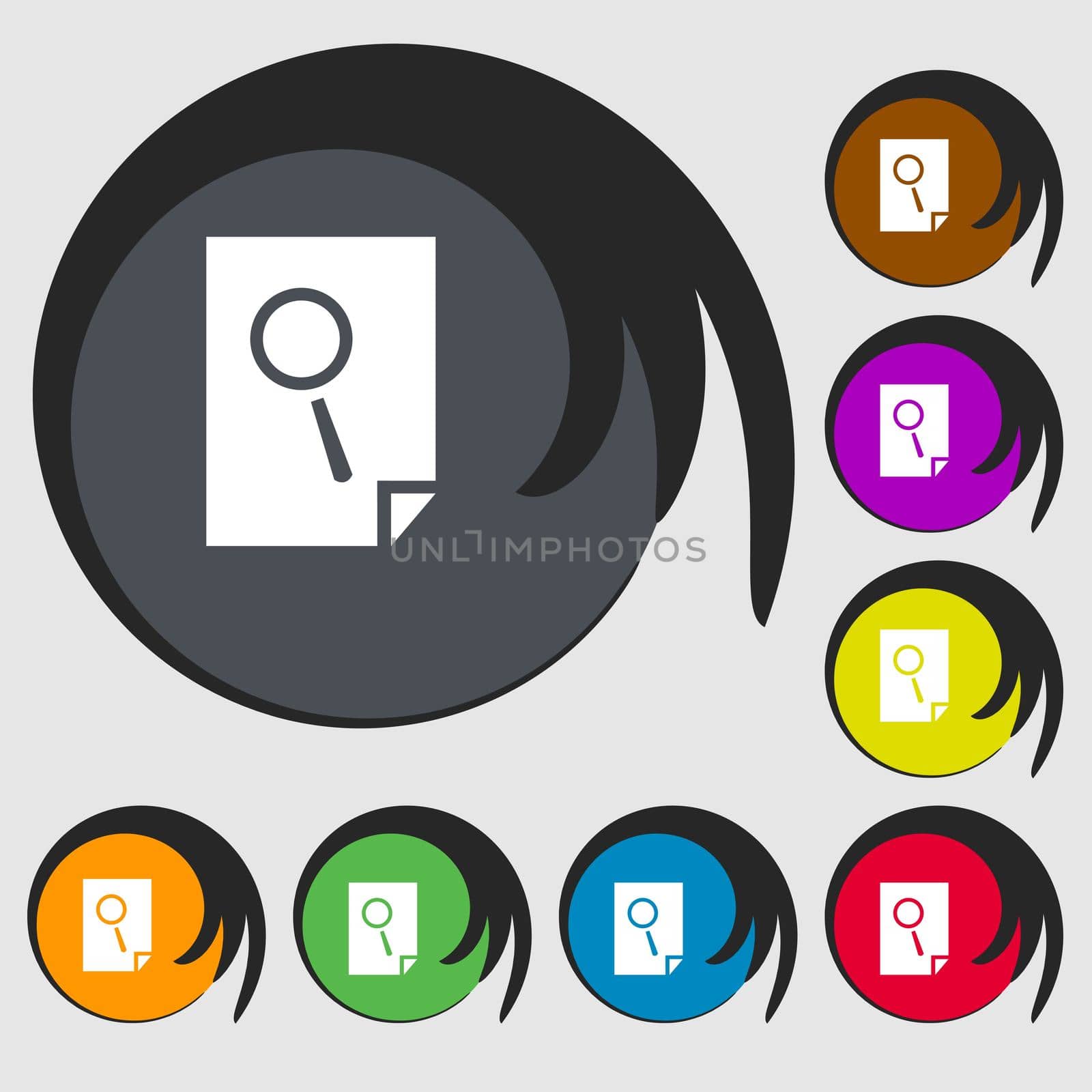 Search in file sign icon. Find in document symbol. Symbols on eight colored buttons. illustration